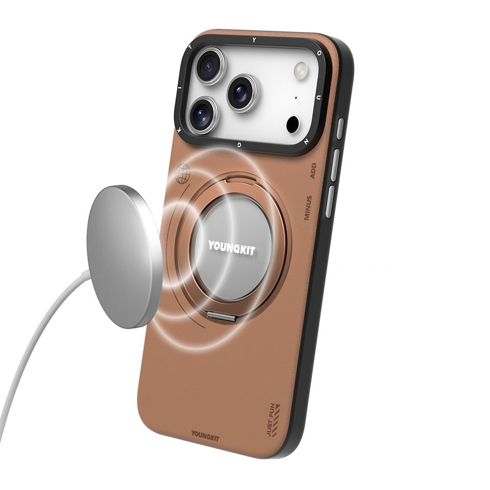Apple iPhone 17 Pro Max Kılıf M-safe Şarj Özellikli 360 Derece Standlı Basit Mat Deri Desenli Youngkit Tech Leather Serisi Kapak