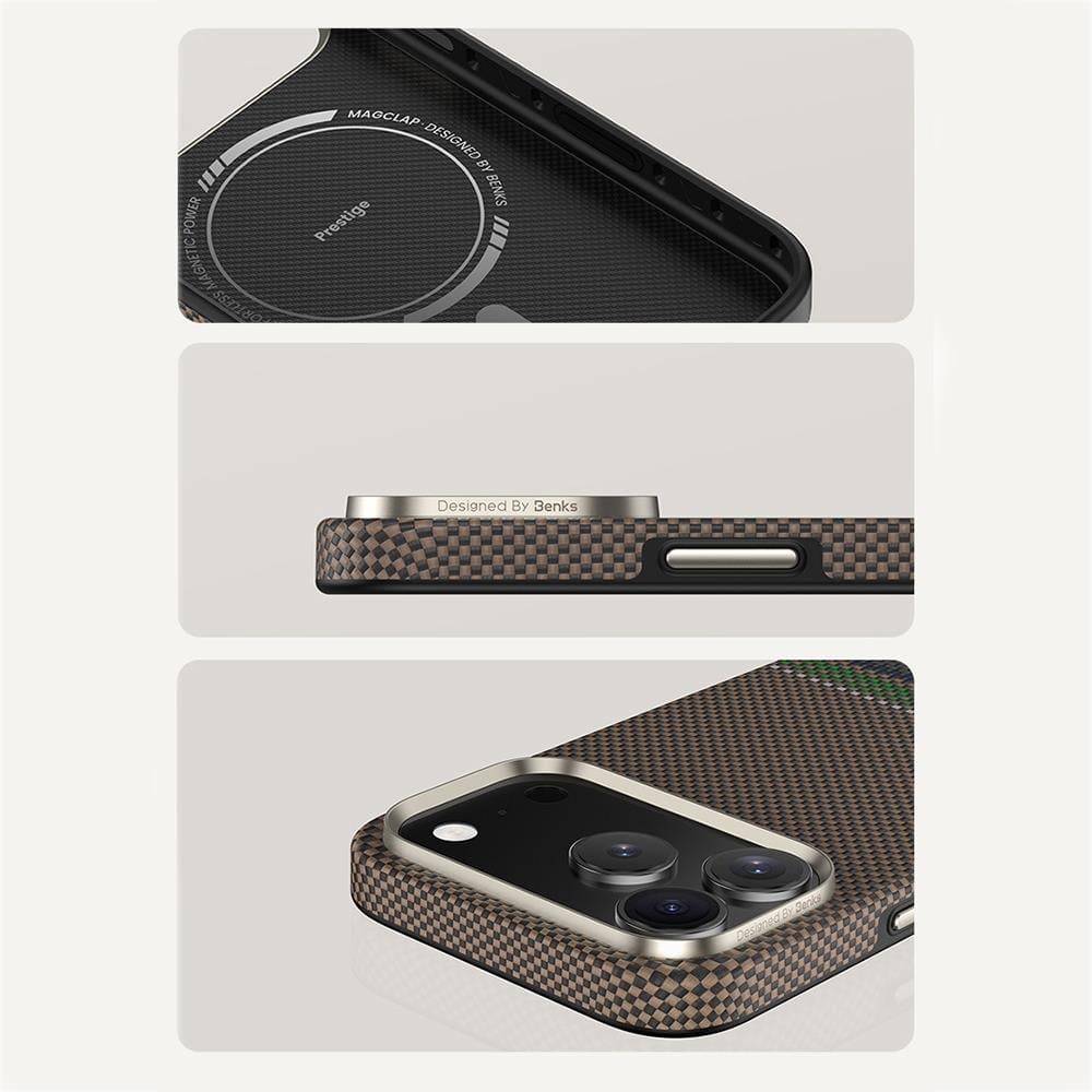 Apple iPhone 17 Pro Max Kılıf M-safe Şarj Özellikli Karbon Fiber Tasarımlı Benks Prestige ArmorPro Kevlar Kapak