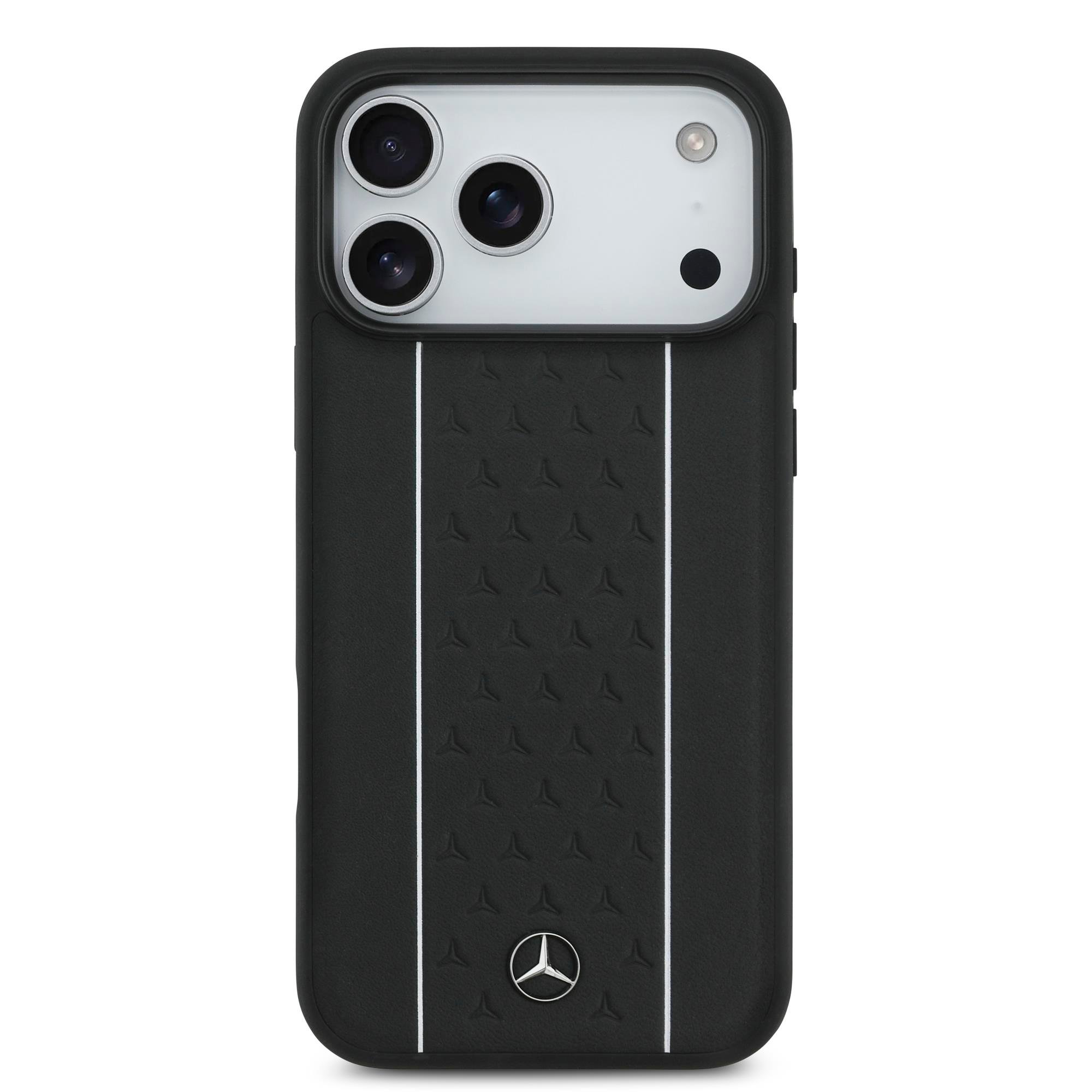 Apple iPhone 17 Pro Max Kılıf Mercedes Benz Orjinal Lisanslı M-safe Şarj Özellikli Şeritli Yıldız Desenli Metal Logolu Deri Kapak