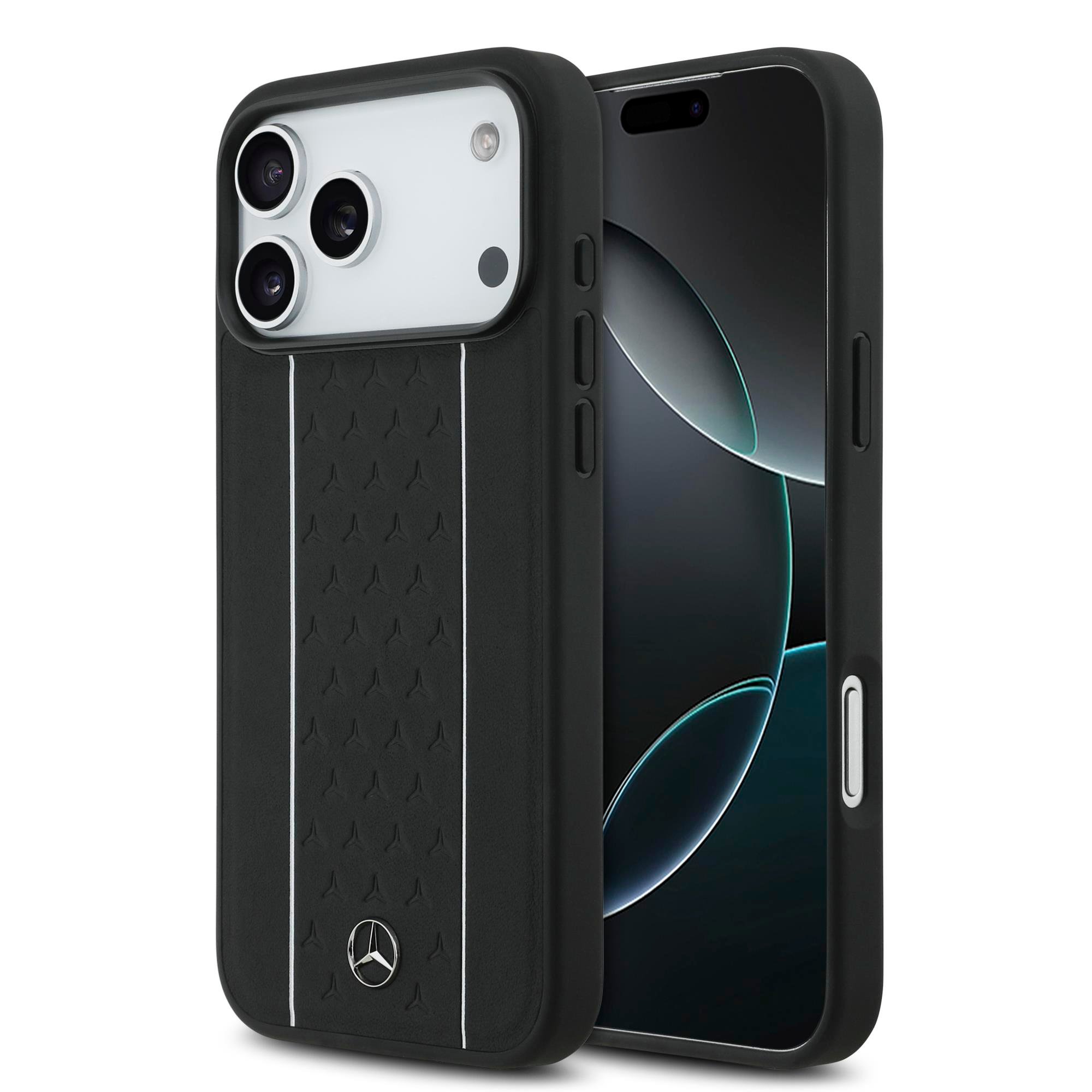 Apple iPhone 17 Pro Max Kılıf Mercedes Benz Orjinal Lisanslı M-safe Şarj Özellikli Şeritli Yıldız Desenli Metal Logolu Deri Kapak