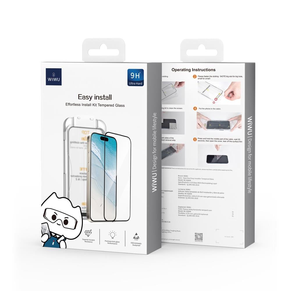 Apple iPhone 17 Pro Max Wiwu SQ-008 Oleofobik Easy Install Darbeye Karşı Dayanıklı Temperli Cam Ekran Koruyucu + Kolay Uygulama Aparatlı