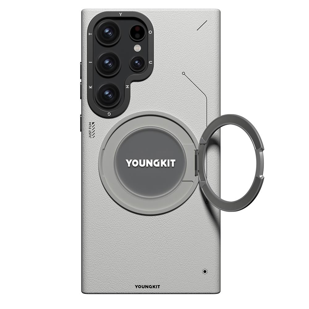 Galaxy S23 Ultra Kılıf M-safe Şarj Özellikli 360° Standlı Basit Mat Deri Desenli Youngkit Tech Leather Serisi Kapak