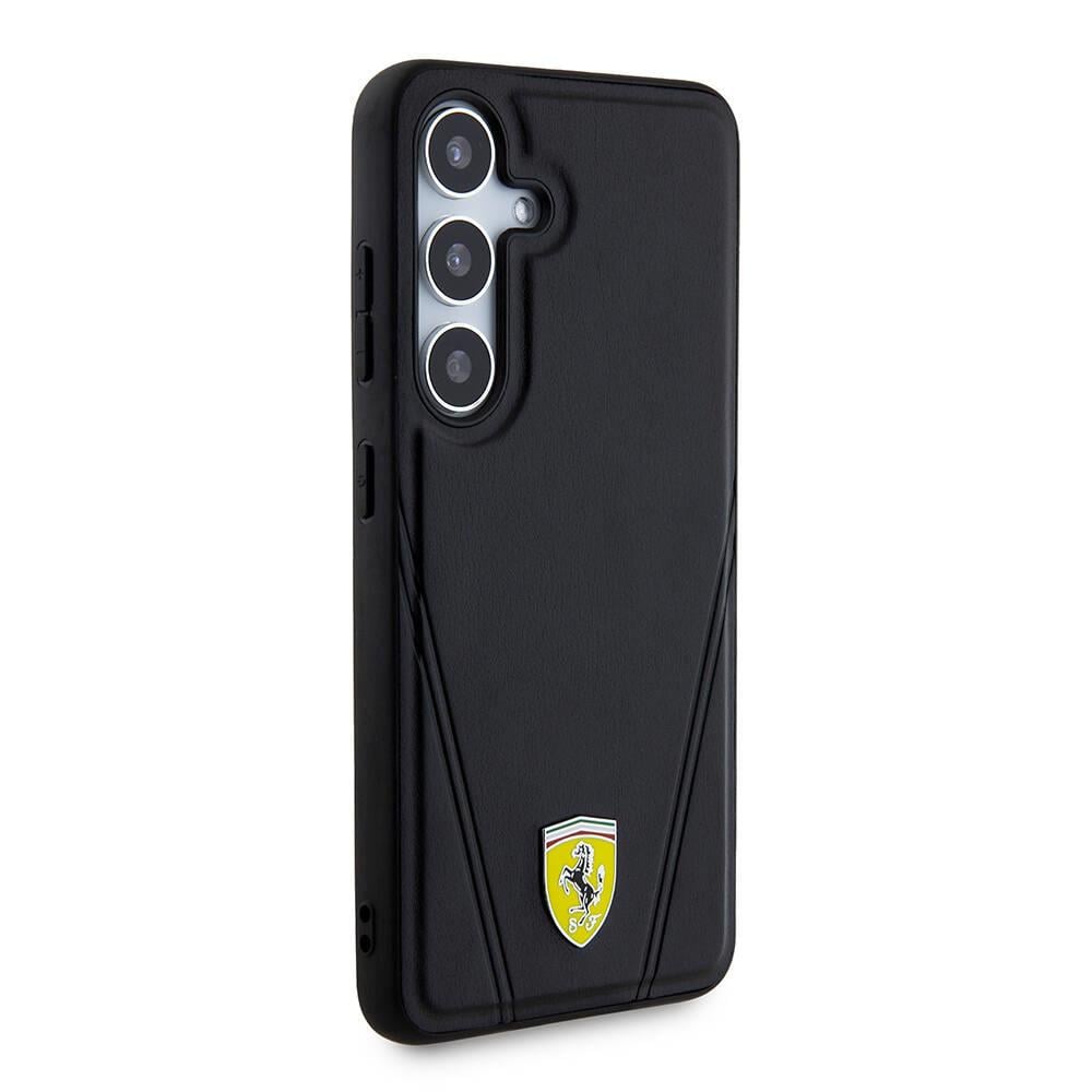 Galaxy S24 Kılıf Ferrari Orjinal Lisanslı M-safe Şarj Özellikli Sıcak Baskı V Çizgili Deri Kapak