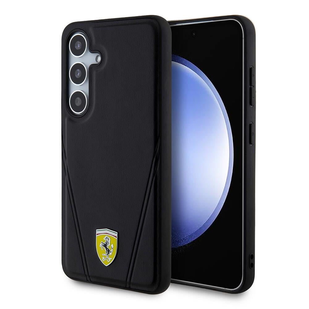 Galaxy S24 Plus Kılıf Ferrari Orjinal Lisanslı M-safe Şarj Özellikli Sıcak Baskı V Çizgili Deri Kapak