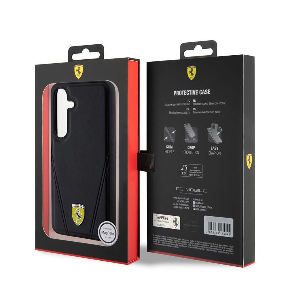 Galaxy S24 Plus Kılıf Ferrari Orjinal Lisanslı M-safe Şarj Özellikli Sıcak Baskı V Çizgili Deri Kapak