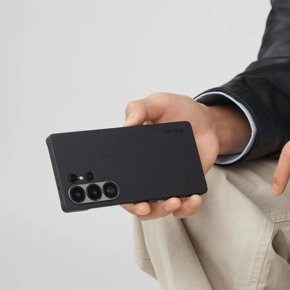 Galaxy S25 Ultra Kılıf M-safe Şarj Özellikli 600D Aramid Fiber Pitaka Ultra-Slim Classic Serisi Black-Grey Twill Kapak