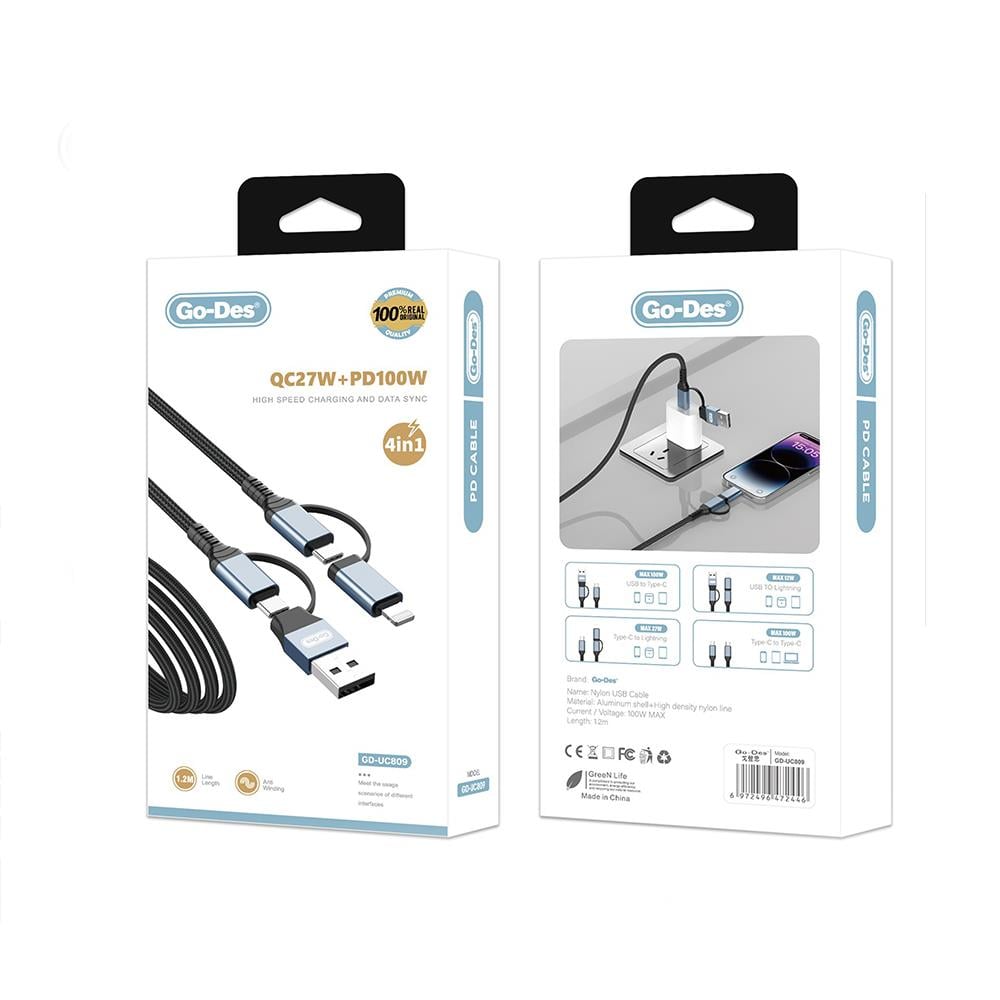 Go Des GD-UC809 4in1 PD Çoklu USB-A + Type-C to Type-C + Lightning Şarj ve Data Kablosu 100W 120cm