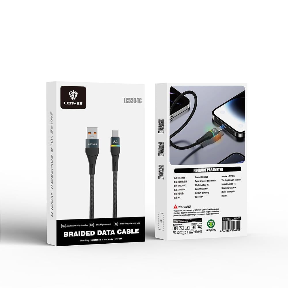 Lenyes LC520 USB-A to Type-C 6A Örgü Tasarımlı Hızlı Şarj Özellikli Data ve Şarj Kablosu 66W 1M
