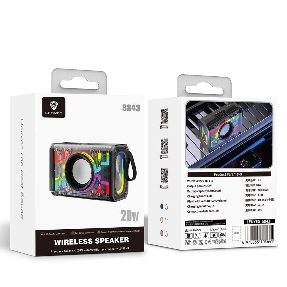 Lenyes S843 RGB Led Işıklı Taşınabilir TWS Bluetooth Hoparlör v5.3 20W