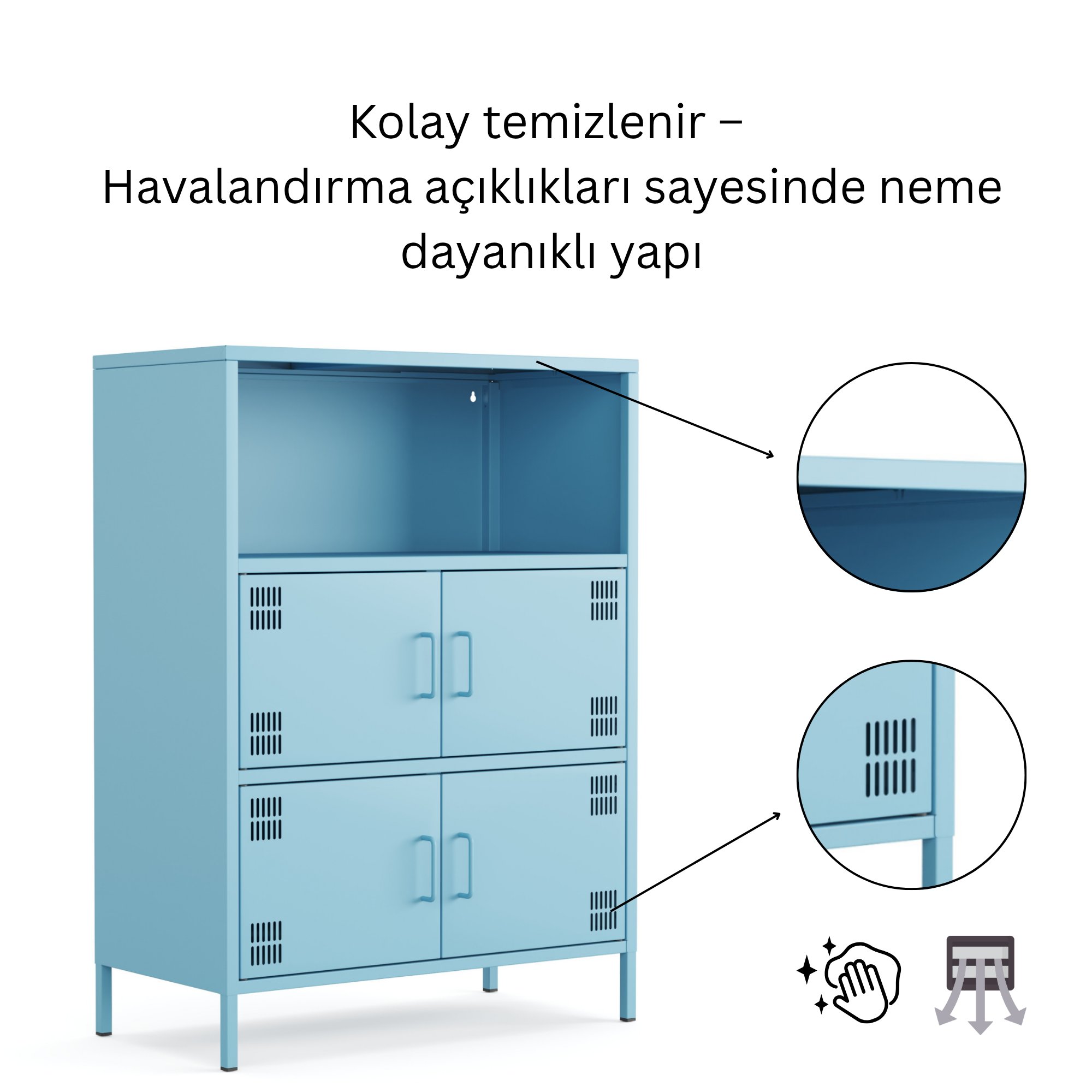 Pera Metal Çok Gözlü Dolap, 4 Kapaklı, Açık Raflı 80,50 x 40 x 109,50 cm - Ral 5024 Mavi