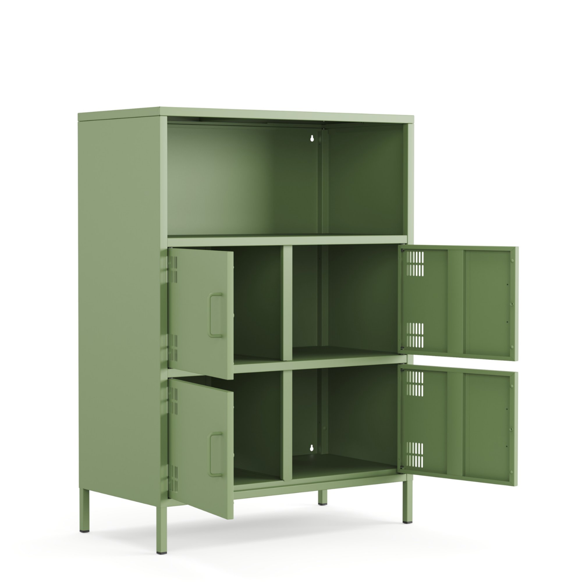 Pera Metal Çok Gözlü Dolap, 4 Kapaklı, Açık Raflı 80,50 x 40 x 109,50 cm - Ral 6011 Yeşil