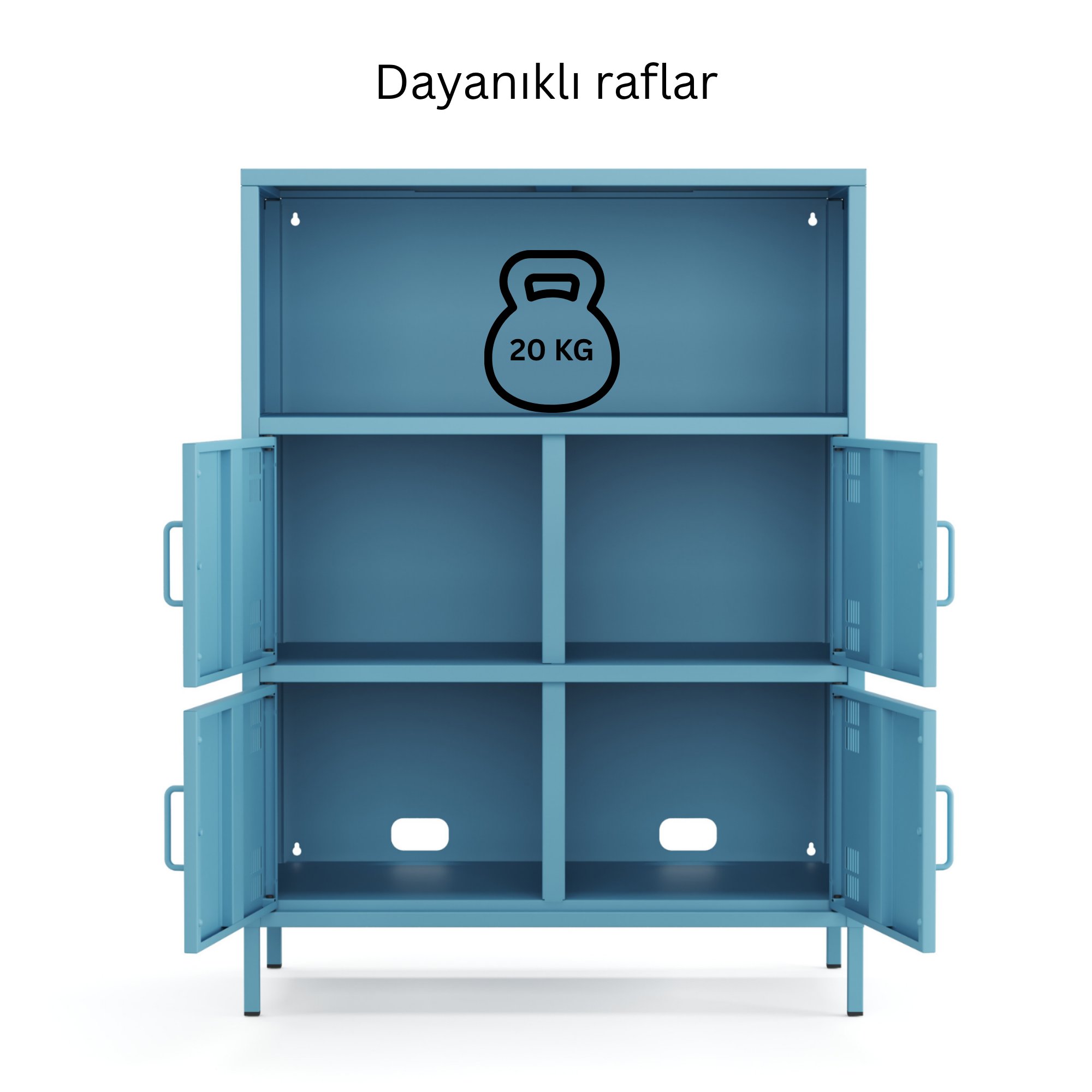 Pera Metal Çok Gözlü Dolap, 4 Kapaklı, Açık Raflı 80,50 x 40 x 109,50 cm - Ral 5024 Mavi