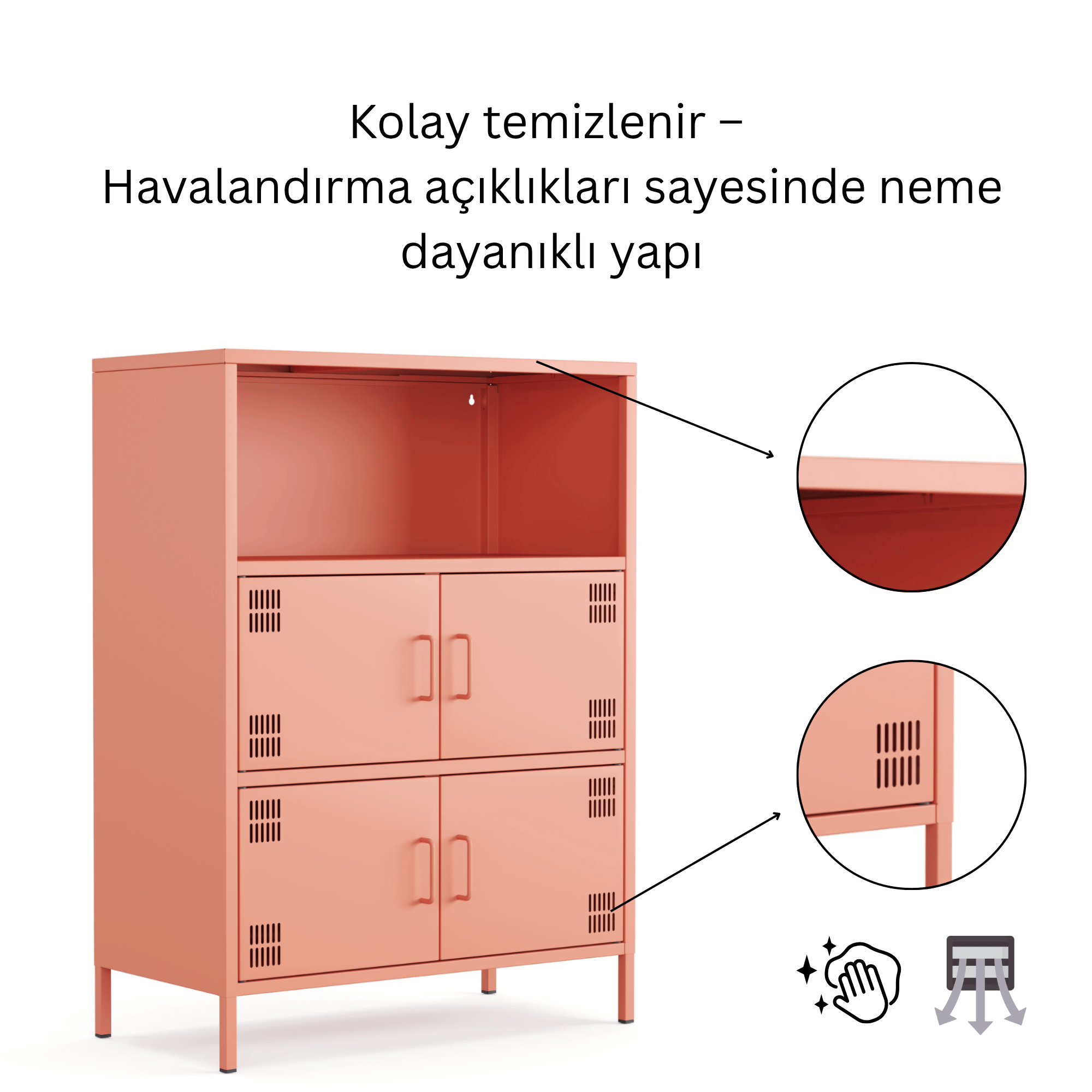 Pera Metal Çok Gözlü Dolap, 4 Kapaklı, Açık Raflı 80,50 x 40 x 109,50 cm - Ral 3022 Somon