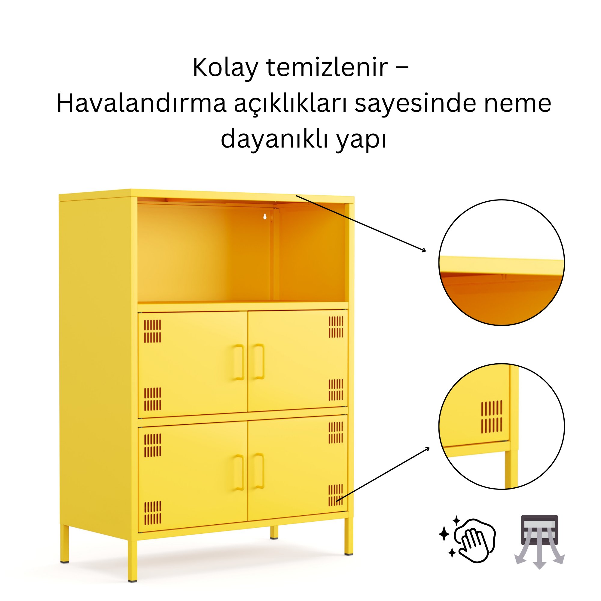 Pera Metal Çok Gözlü Dolap, 4 Kapaklı, Açık Raflı 80,50 x 40 x 109,50 cm - Ral 1018 Sarı