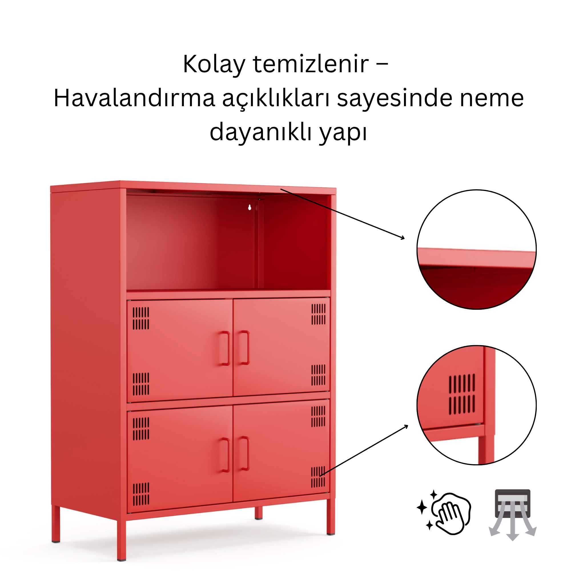 Pera Metal Çok Gözlü Dolap, 4 Kapaklı, Açık Raflı 80,50 x 40 x 109,50 cm - Ral 3020 Kırmızı