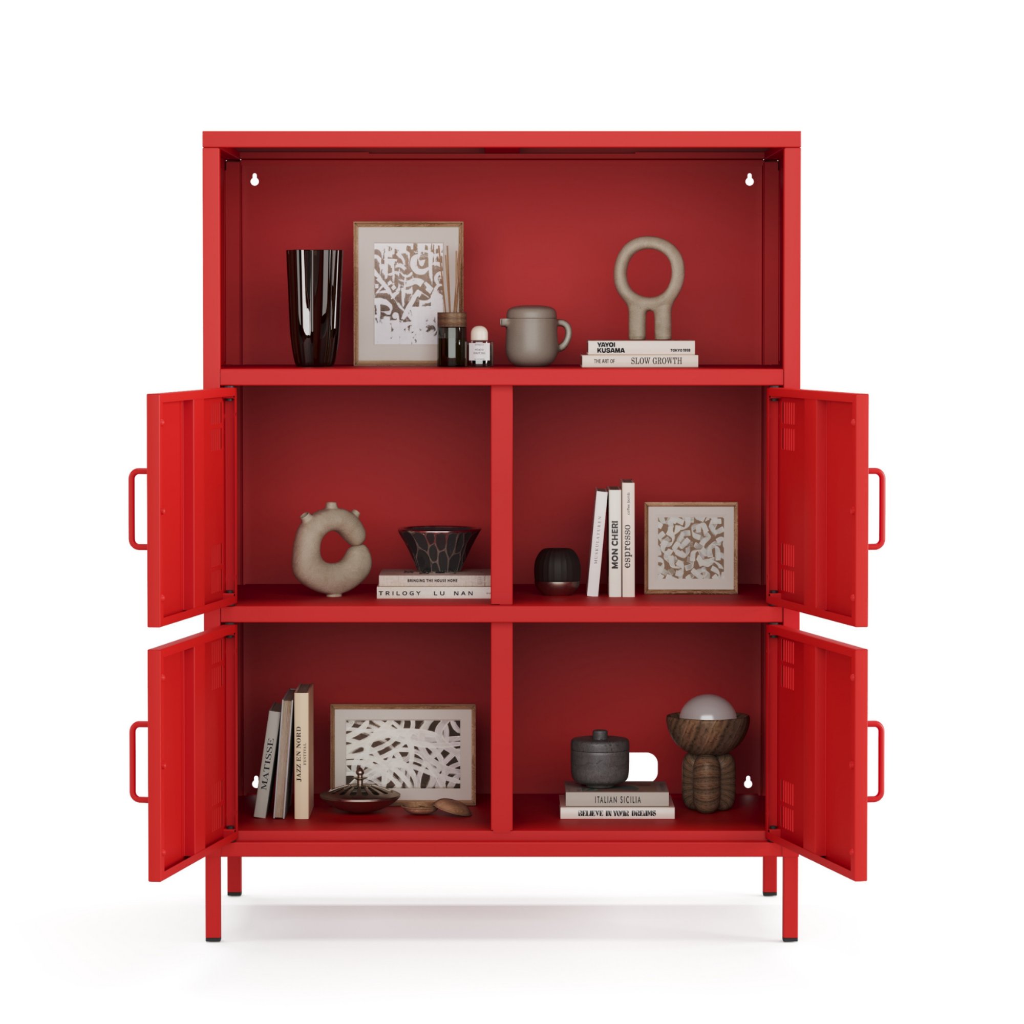Pera Metal Çok Gözlü Dolap, 4 Kapaklı, Açık Raflı 80,50 x 40 x 109,50 cm - Ral 3020 Kırmızı