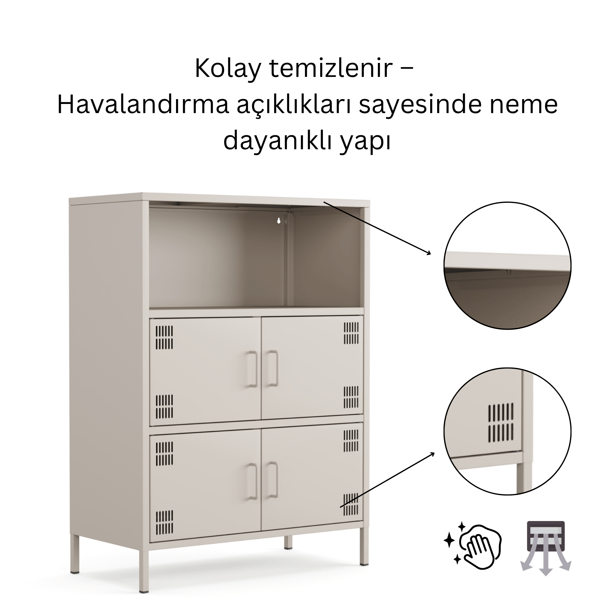 Pera Metal Çok Gözlü Dolap, 4 Kapaklı, Açık Raflı 80,50 x 40 x 109,50 cm - Bej Rengi