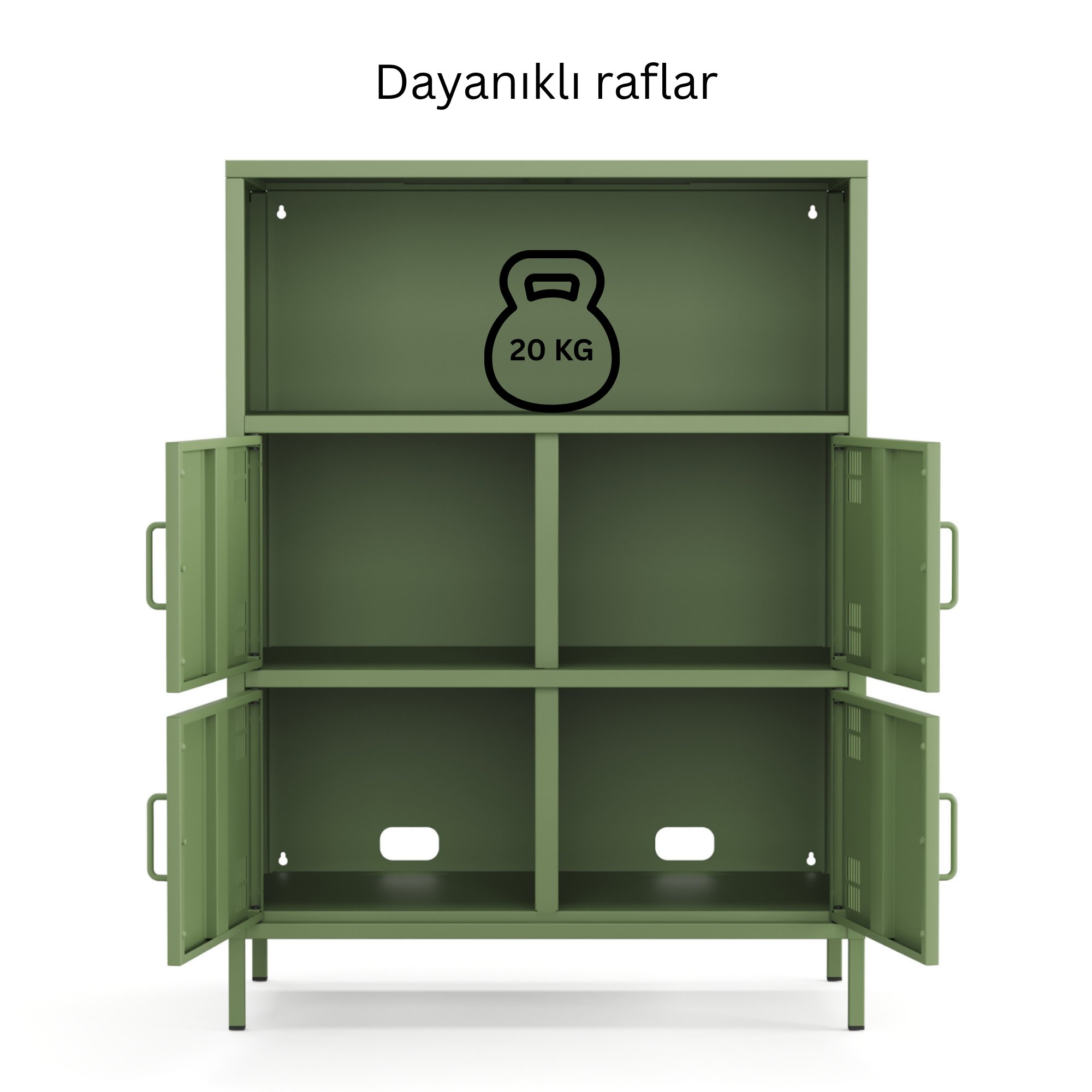 Pera Metal Çok Gözlü Dolap, 4 Kapaklı, Açık Raflı 80,50 x 40 x 109,50 cm - Ral 6011 Yeşil