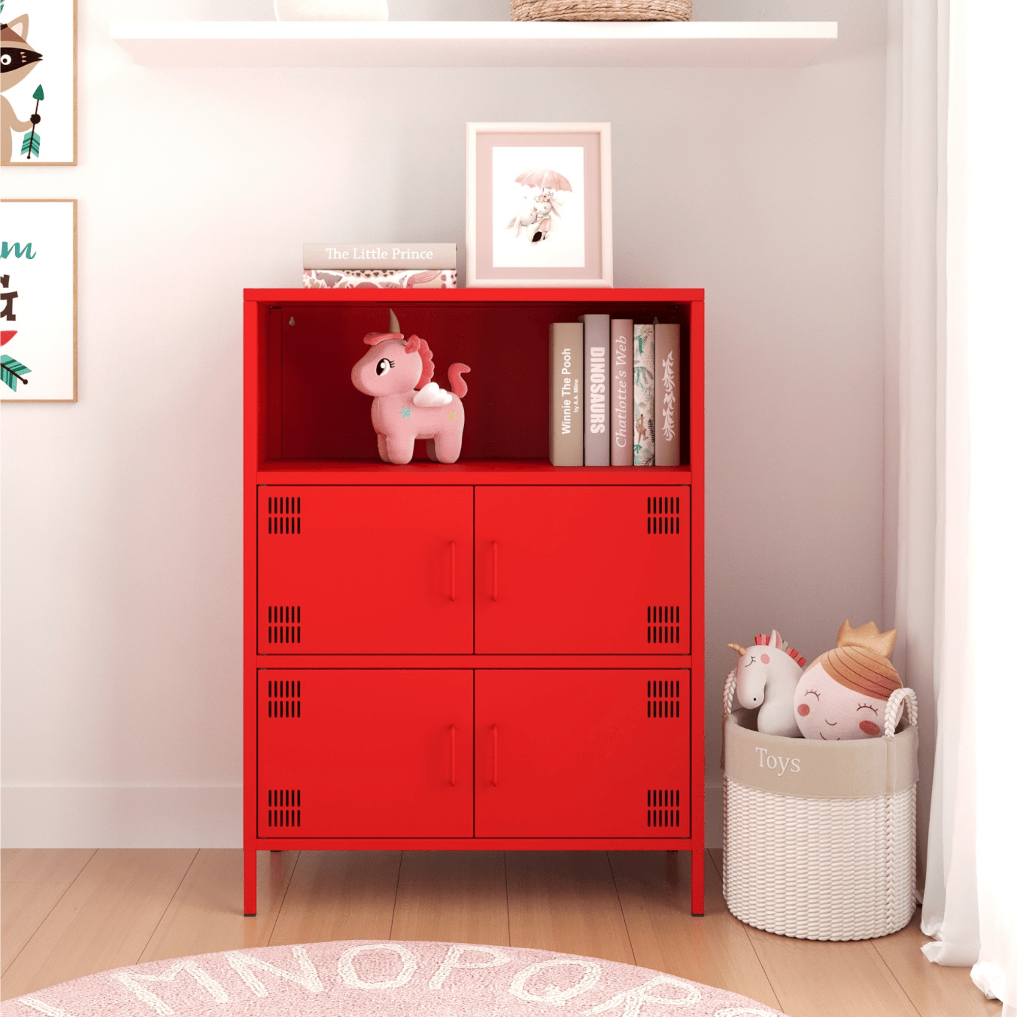Pera Metal Çok Gözlü Dolap, 4 Kapaklı, Açık Raflı 80,50 x 40 x 109,50 cm - Ral 3020 Kırmızı