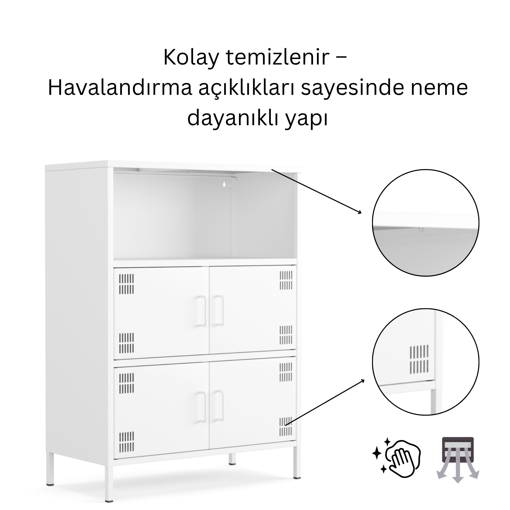 Pera Metal Çok Gözlü Dolap, 4 Kapaklı, Açık Raflı 80,50 x 40 x 109,50 cm - Ral 9016 Beyaz