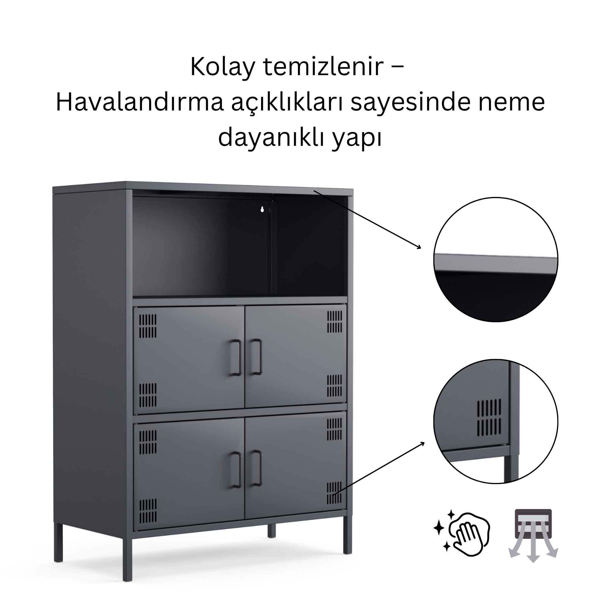 Pera Metal Çok Gözlü Dolap, 4 Kapaklı, Açık Raflı 80,50 x 40 x 109,50 cm - Ral 7016 Antrasit