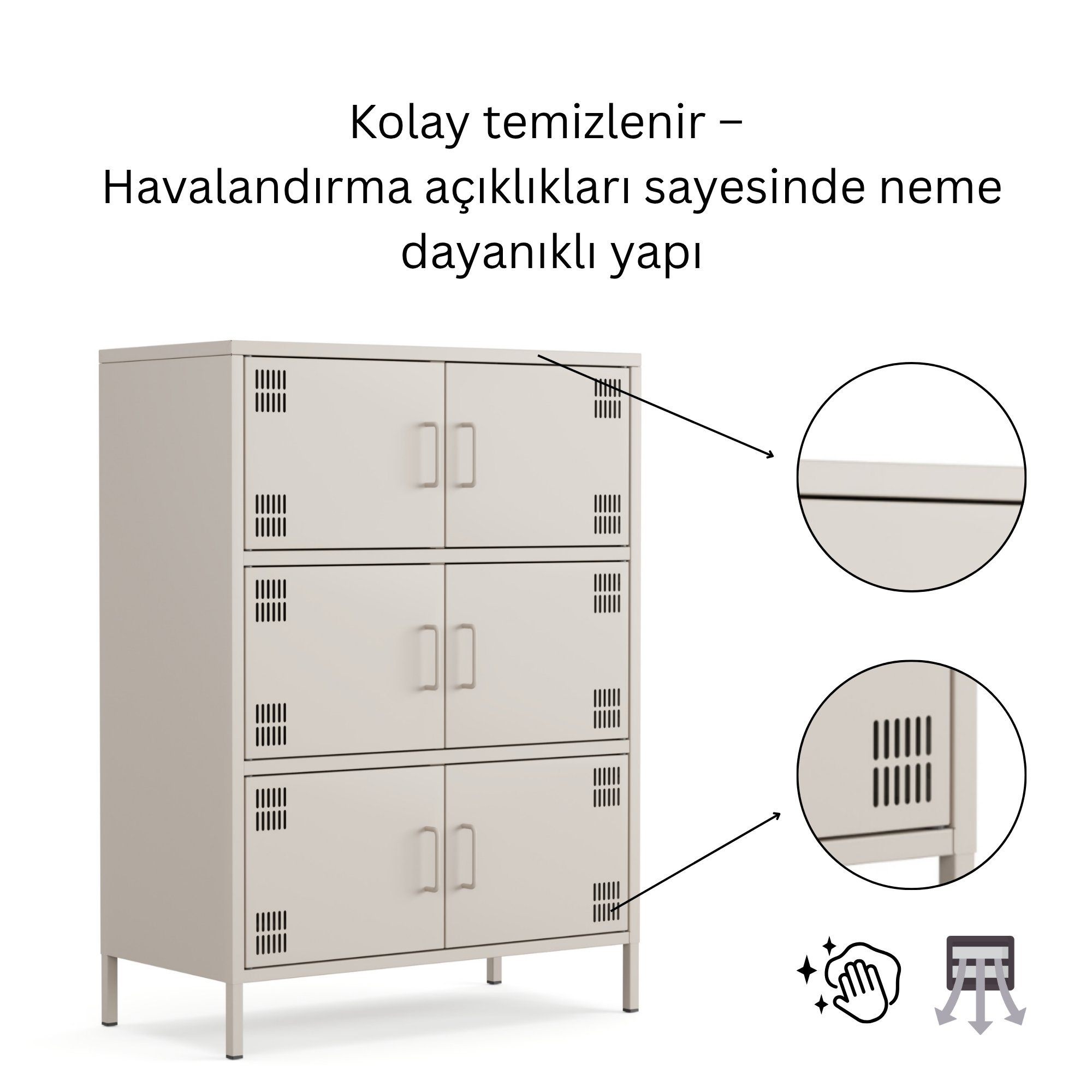 Pera Metal Çok Gözlü Dolap, 6 Kapaklı 80,50 x 40 x 109,50 cm - Bej Rengi