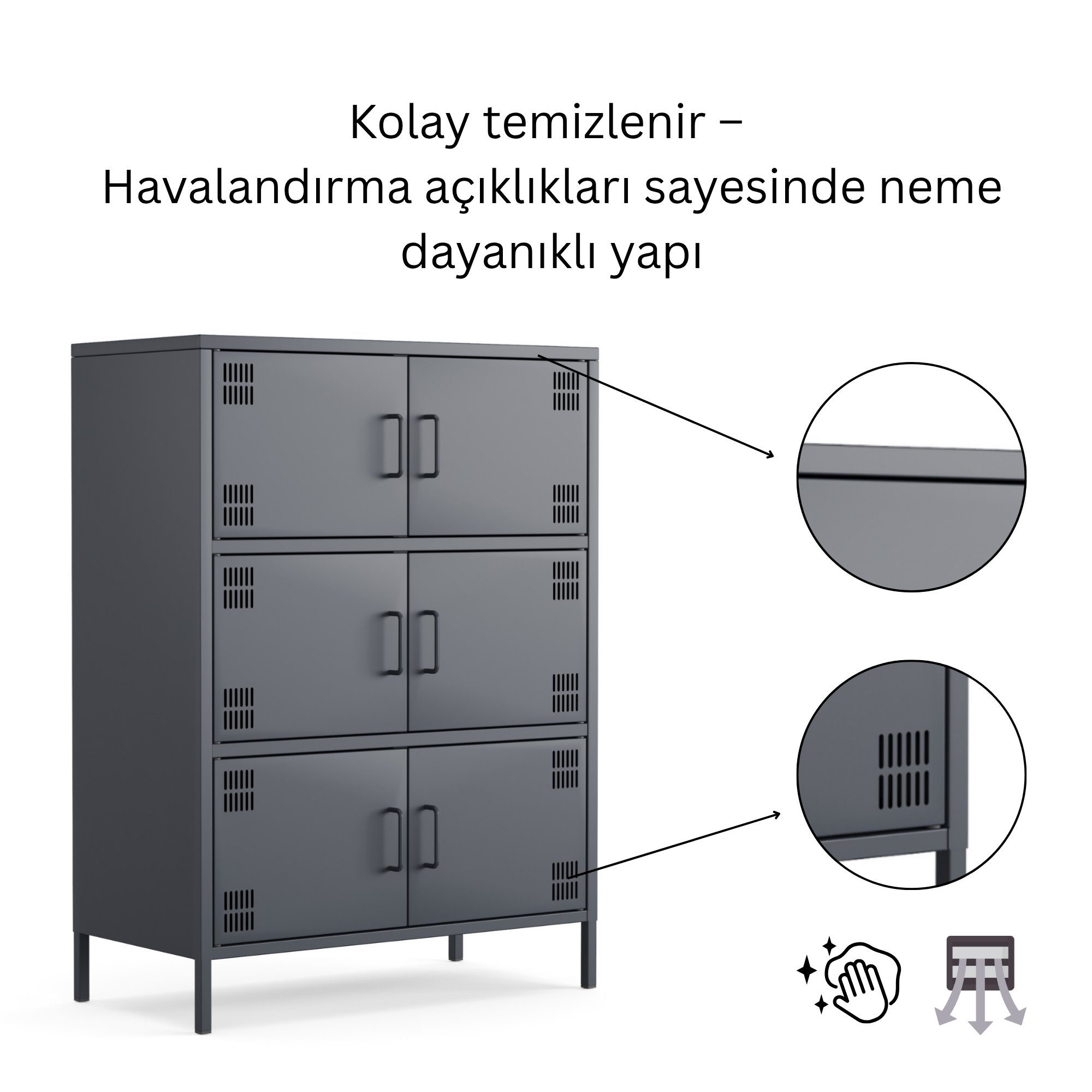 Pera Metal Çok Gözlü Dolap, 6 Kapaklı 80,50 x 40 x 109,50 cm - Ral 7016 Antrasit