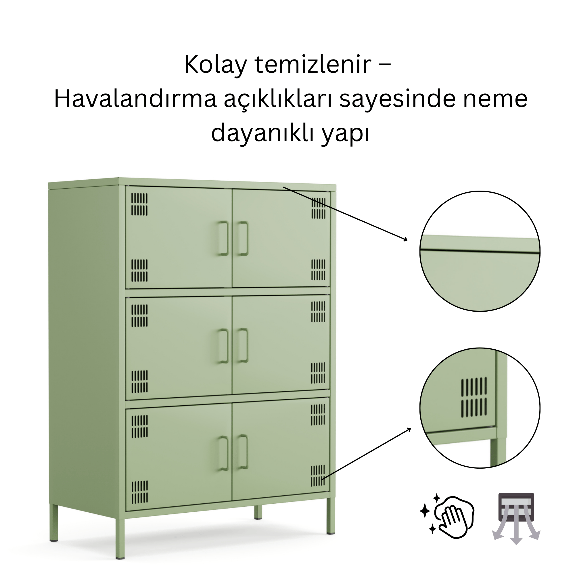 Pera Metal Çok Gözlü Dolap, 6 Kapaklı 80,50 x 40 x 109,50 cm - Ral 6011 Yeşil