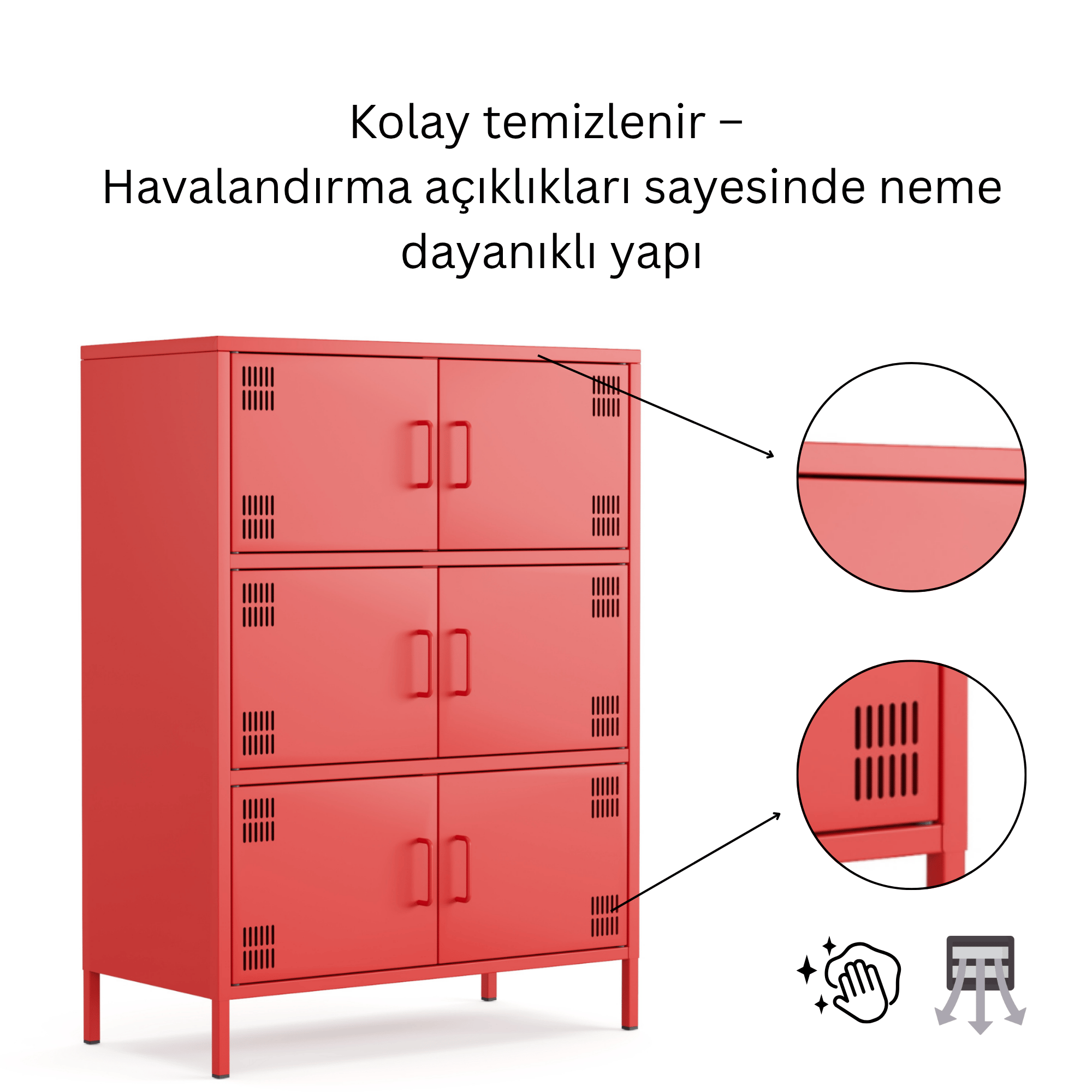 Pera Metal Çok Gözlü Dolap, 6 Kapaklı 80,50 x 40 x 109,50 cm - Ral 3020 Kırmızı