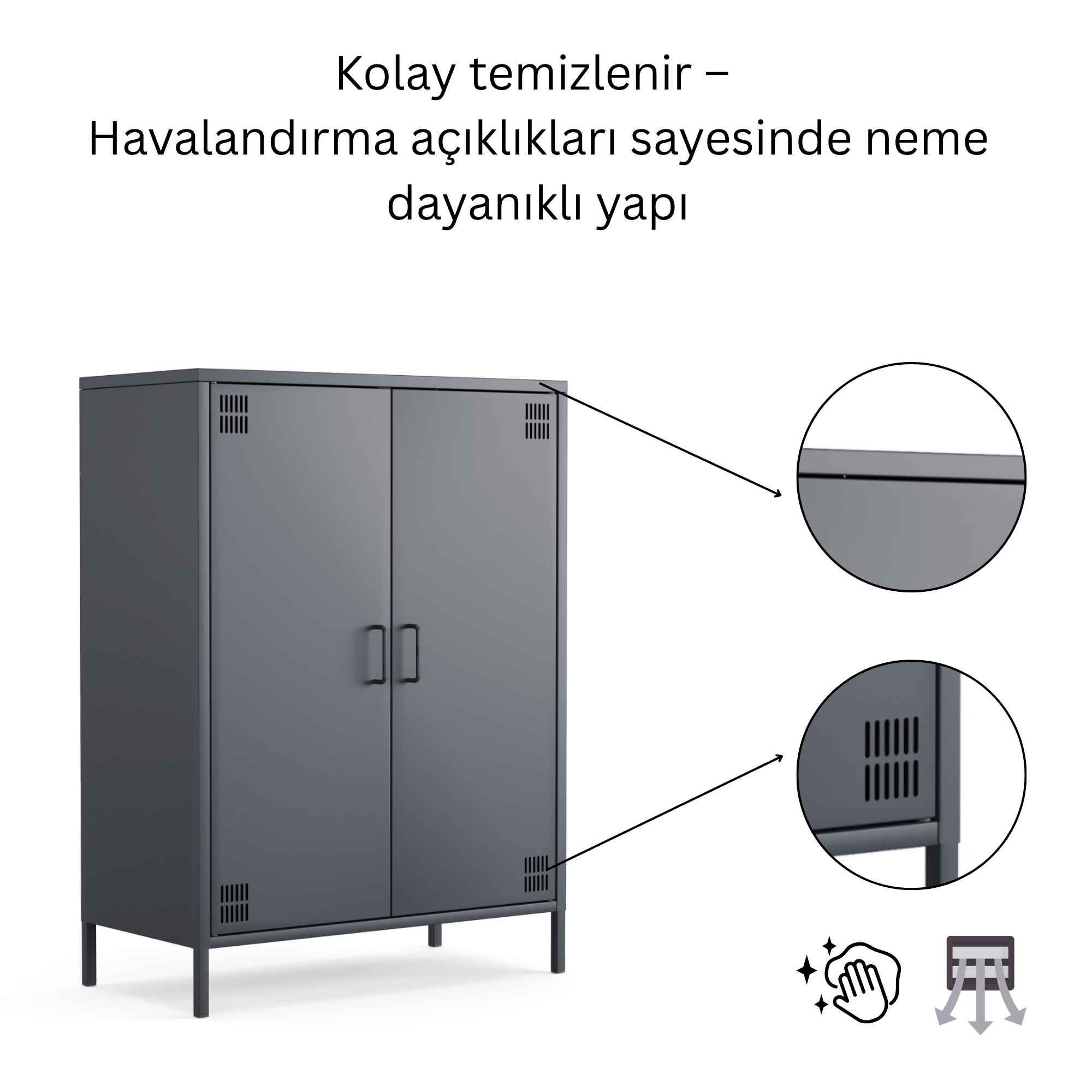Pera Metal Dolap 2 Kapılı 80,50 x 40 x 109,50 cm - Ral 7016 Antrasit