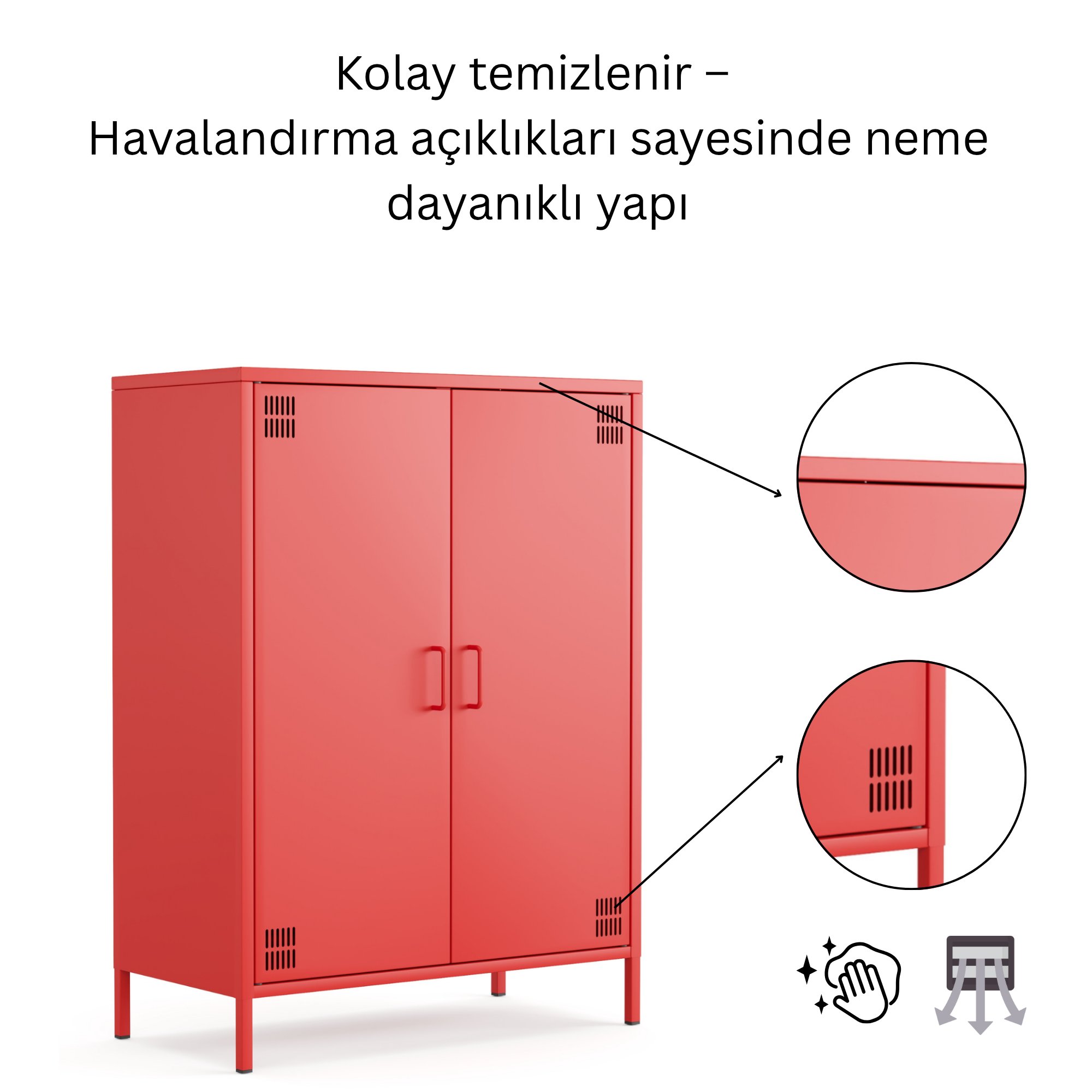 Pera Metal Dolap 2 Kapılı 80,50 x 40 x 109,50 cm - Ral 3020 Kırmızı
