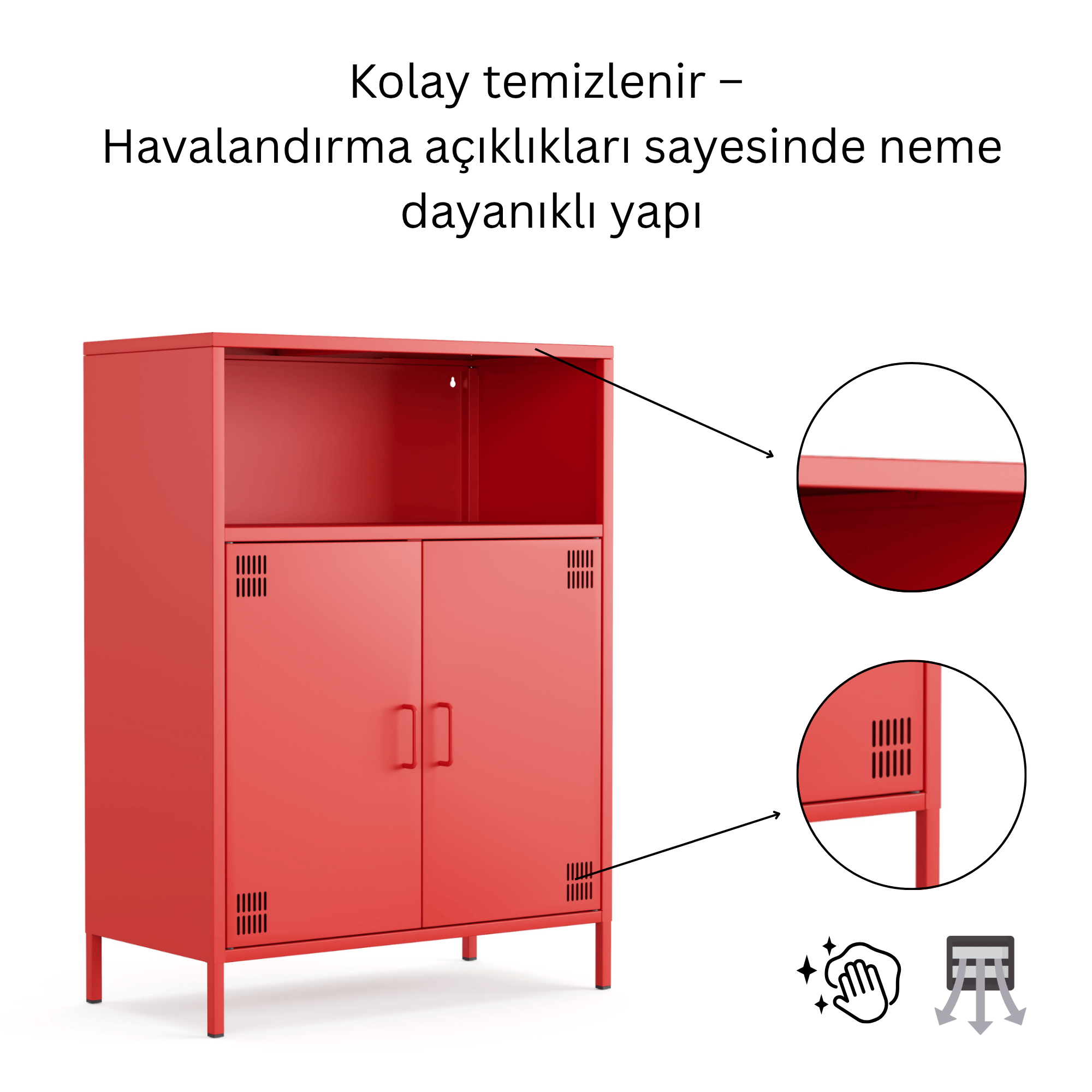 Pera Metal Dolap 2 Kapılı, Açık Raflı 80,50 x 40 x 109,50 cm - Ral 3020 Kırmızı