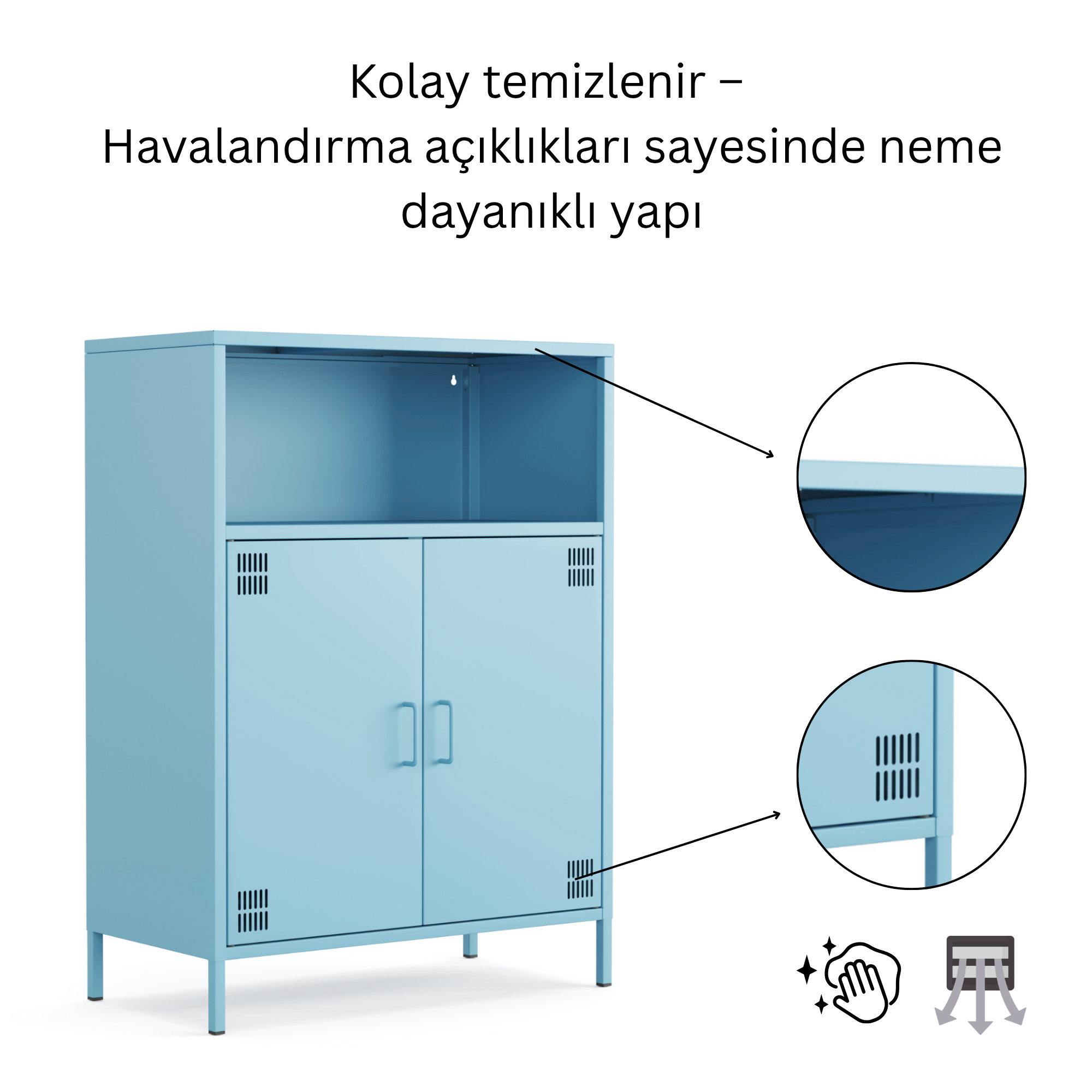 Pera Metal Dolap 2 Kapılı, Açık Raflı 80,50 x 40 x 109,50 cm - Ral 5024 Mavi
