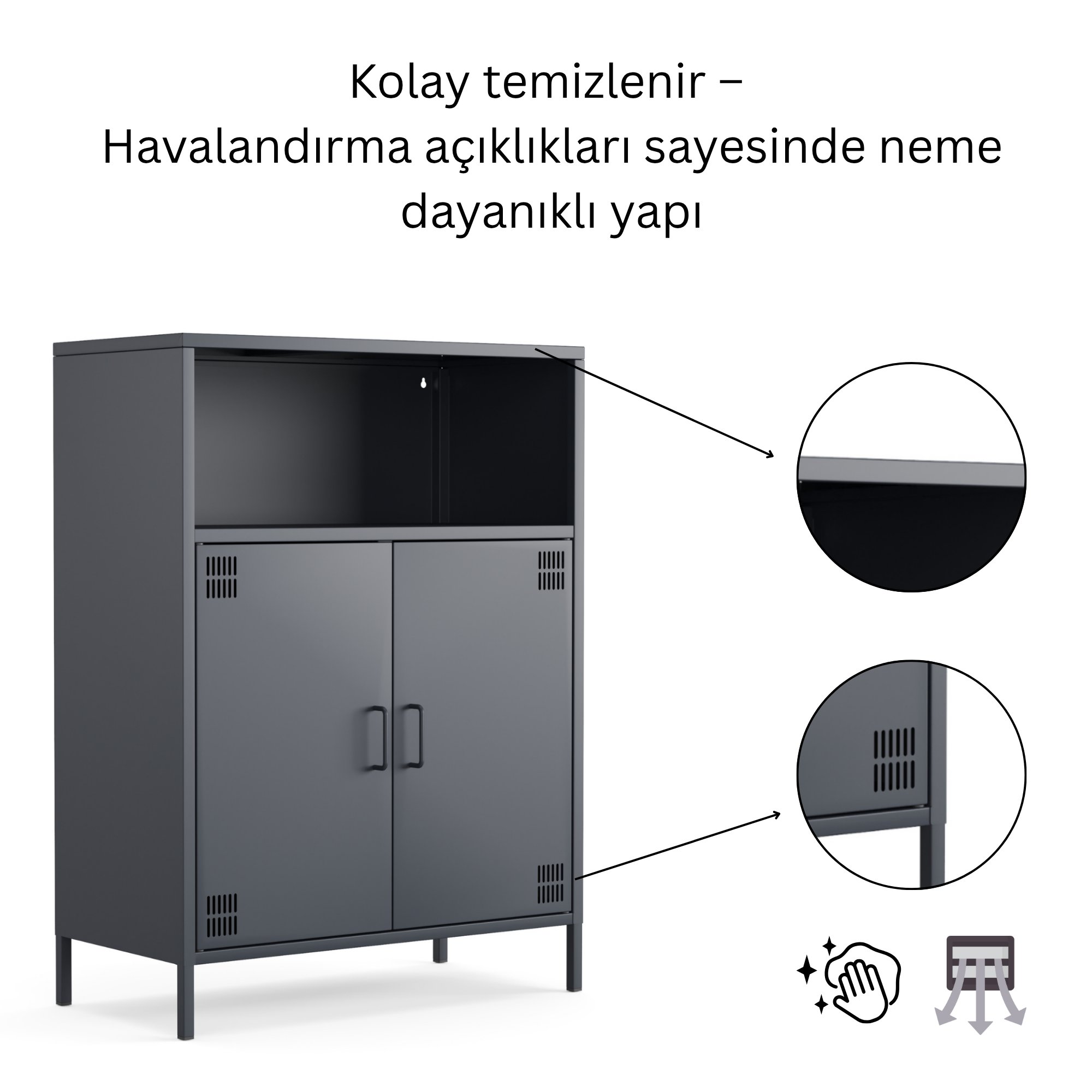 Pera Metal Dolap 2 Kapılı, Açık Raflı 80,50 x 40 x 109,50 cm - Ral 7016 Antrasit