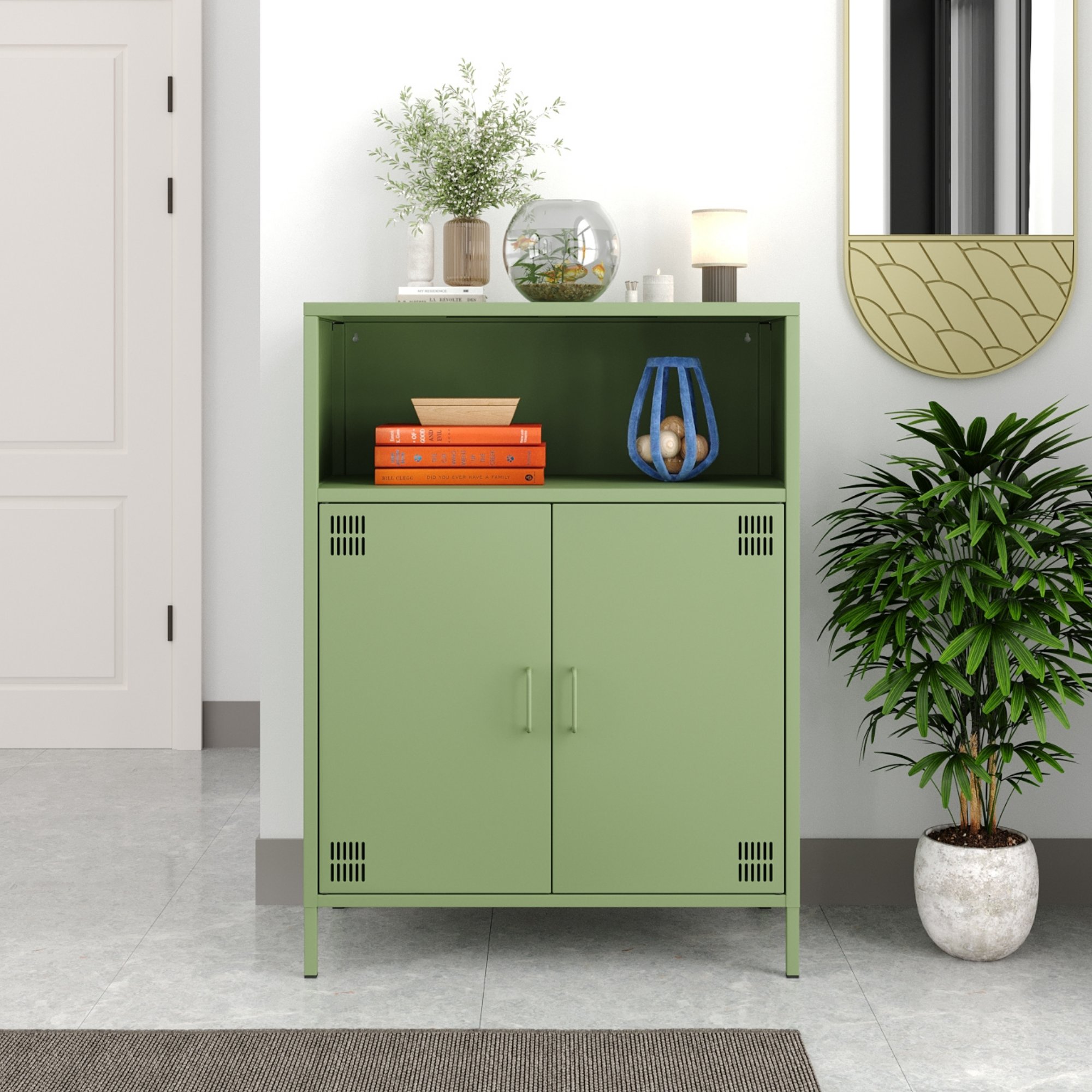 Pera Metal Dolap 2 Kapılı, Açık Raflı 80,50 x 40 x 109,50 cm - Ral 6011 Yeşil