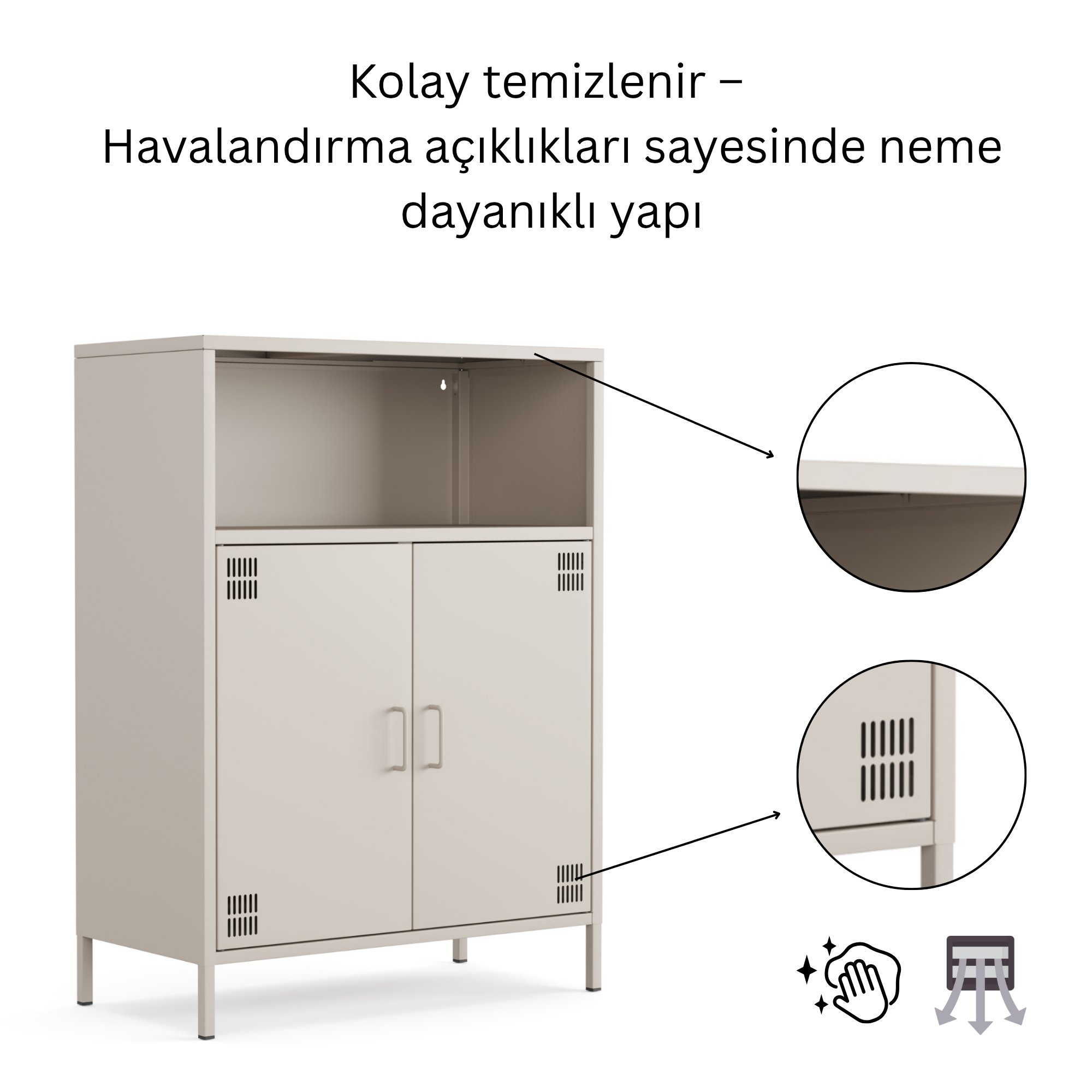 Pera Metal Dolap 2 Kapılı, Açık Raflı 80,50 x 40 x 109,50 cm - Bej Rengi