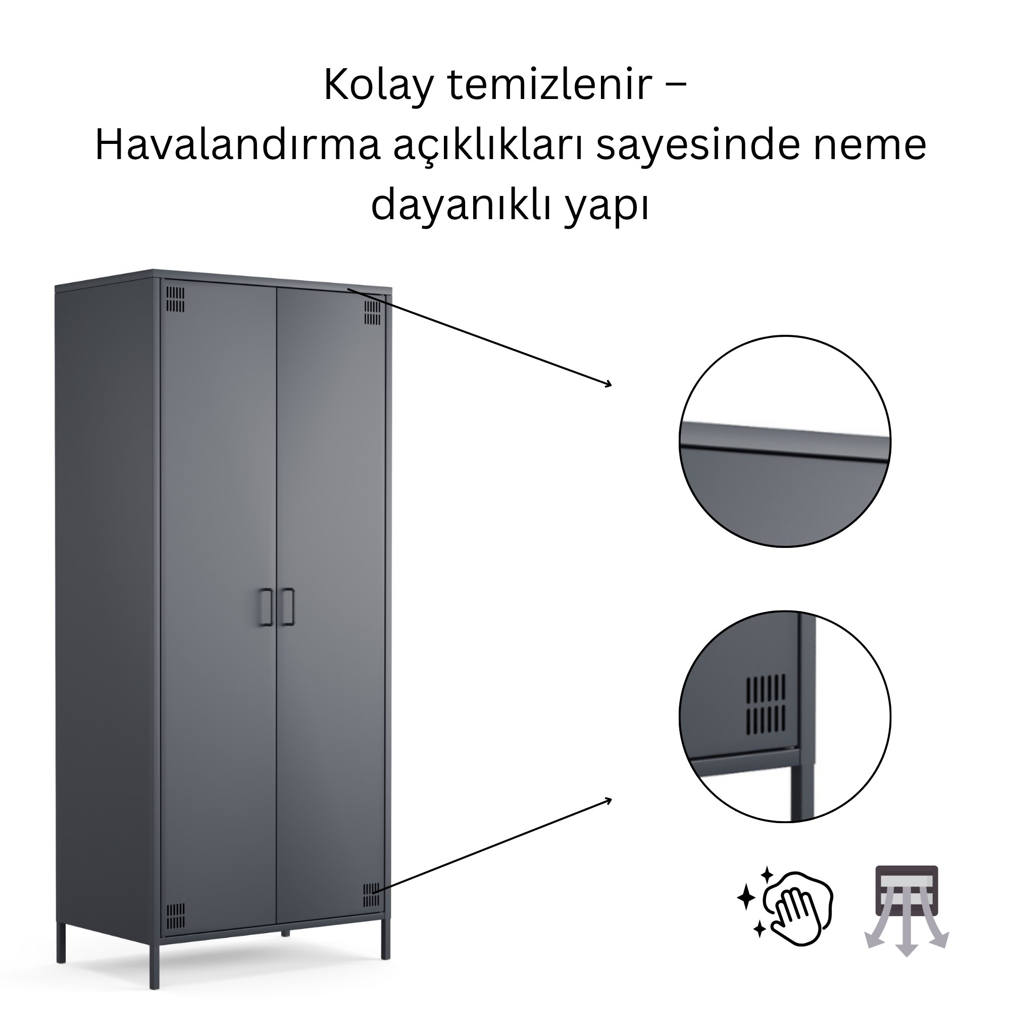 Pera Metal Elbise Dolabı, Soyunma Dolabı, İki Kapılı, 80,50 x 50 x 189,50 cm - Ral 7016 Antrasit