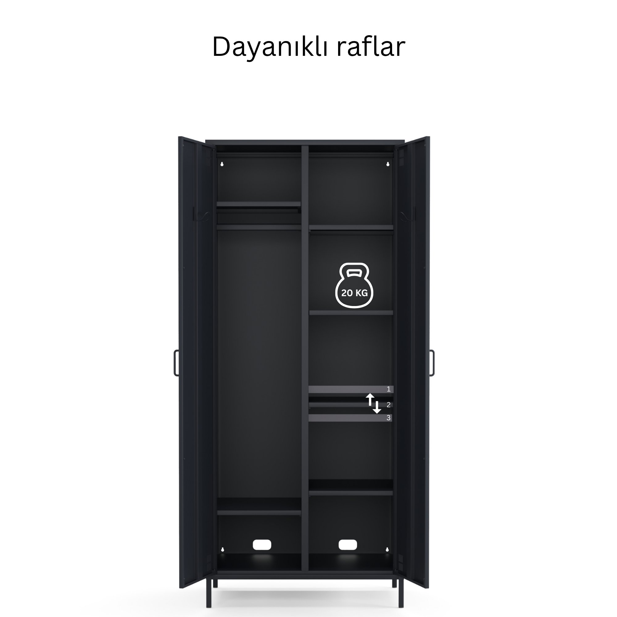 Pera Metal Elbise Dolabı, Soyunma Dolabı, İki Kapılı, 80,50 x 50 x 189,50 cm - Ral 7016 Antrasit