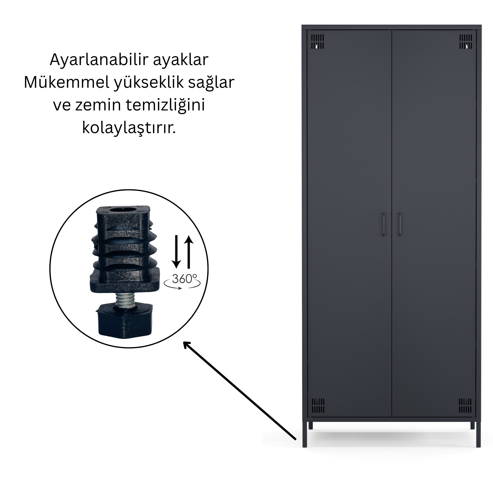 Pera Metal Elbise Dolabı, Soyunma Dolabı, İki Kapılı, 80,50 x 50 x 189,50 cm - Ral 7016 Antrasit