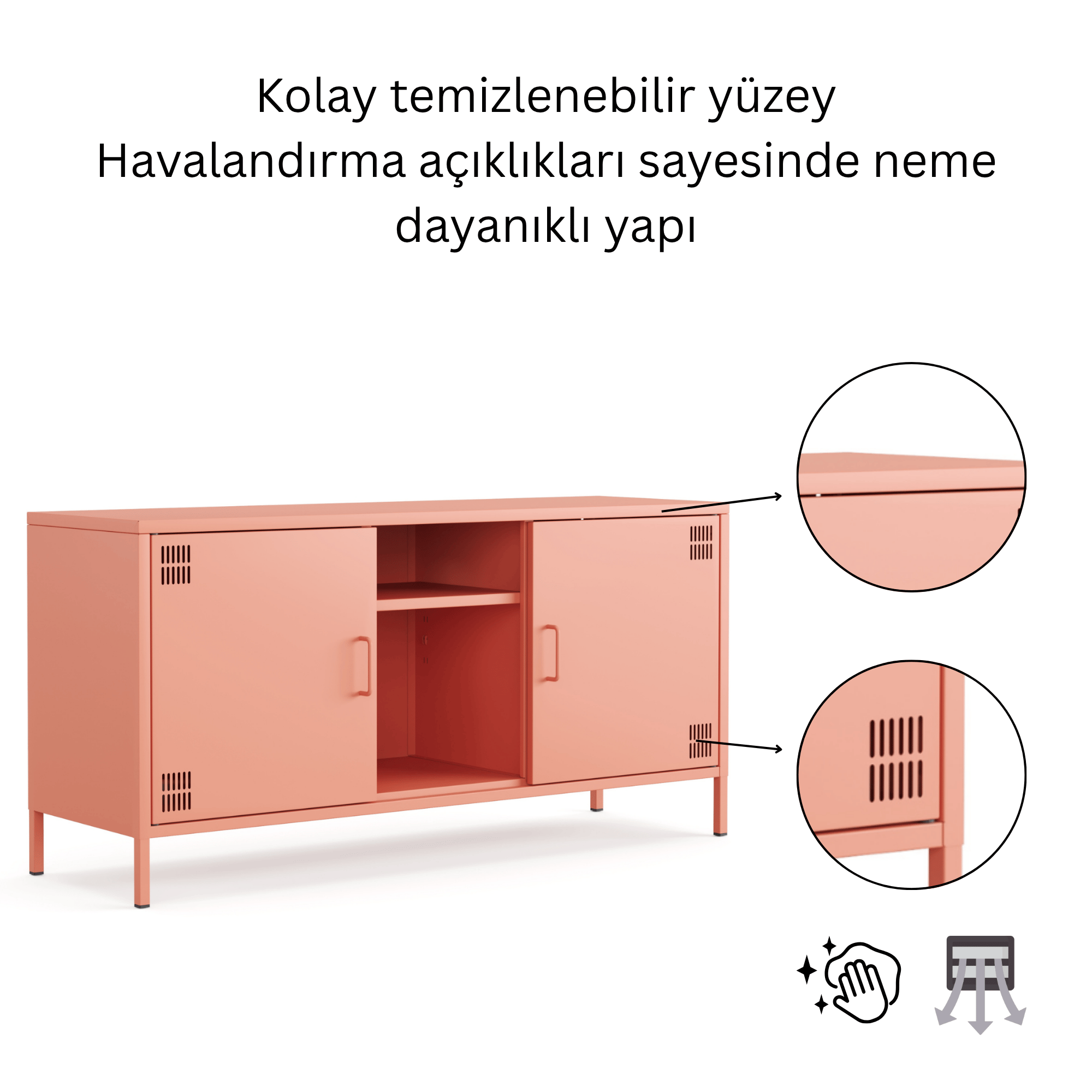 Pera Tv Ünitesi, Tv Dolabı,2 Kapaklı, Açık Raflı 130,50 x 40 x 64,50 cm - Ral 3022 Somon