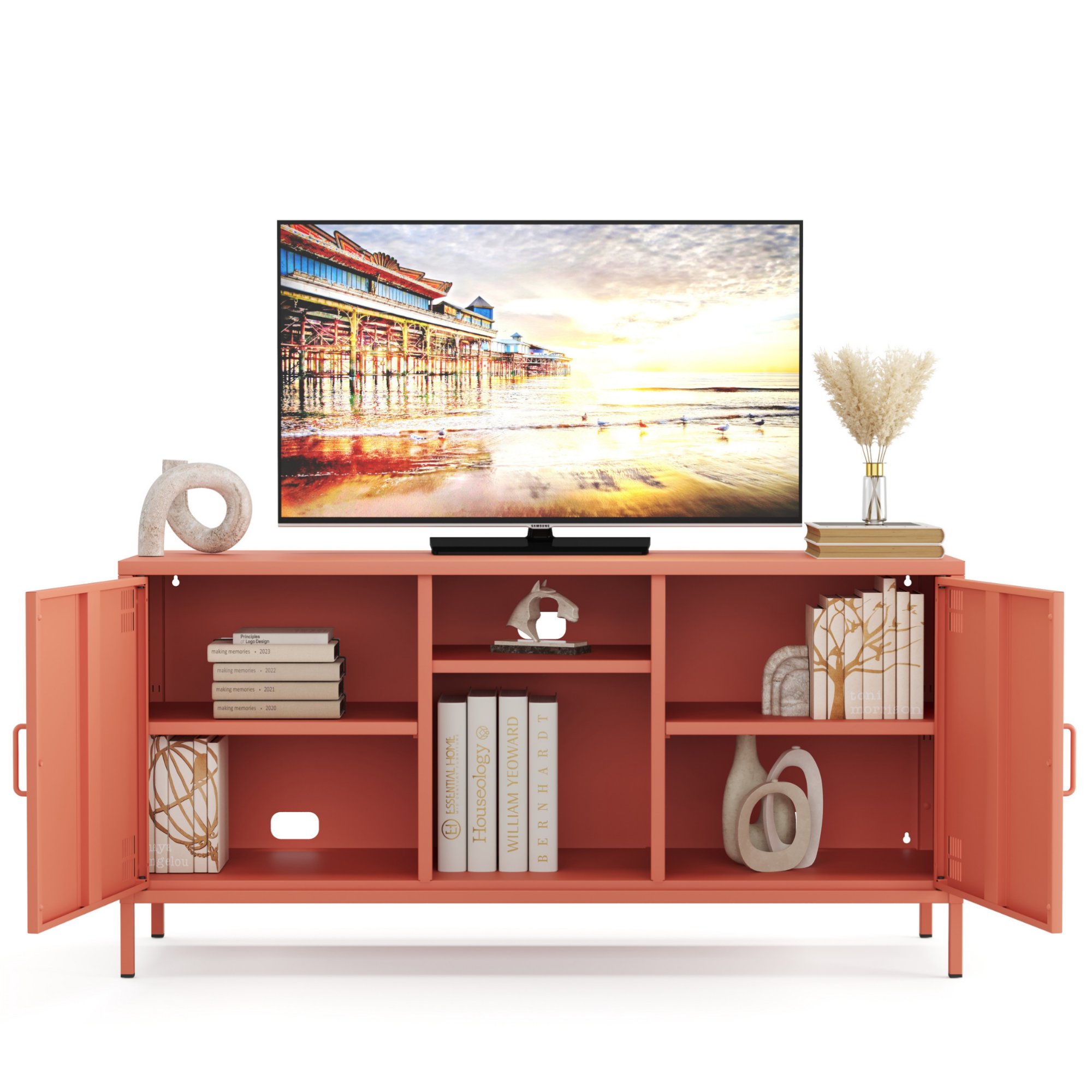 Pera Tv Ünitesi, Tv Dolabı,2 Kapaklı, Açık Raflı 130,50 x 40 x 64,50 cm - Ral 3022 Somon