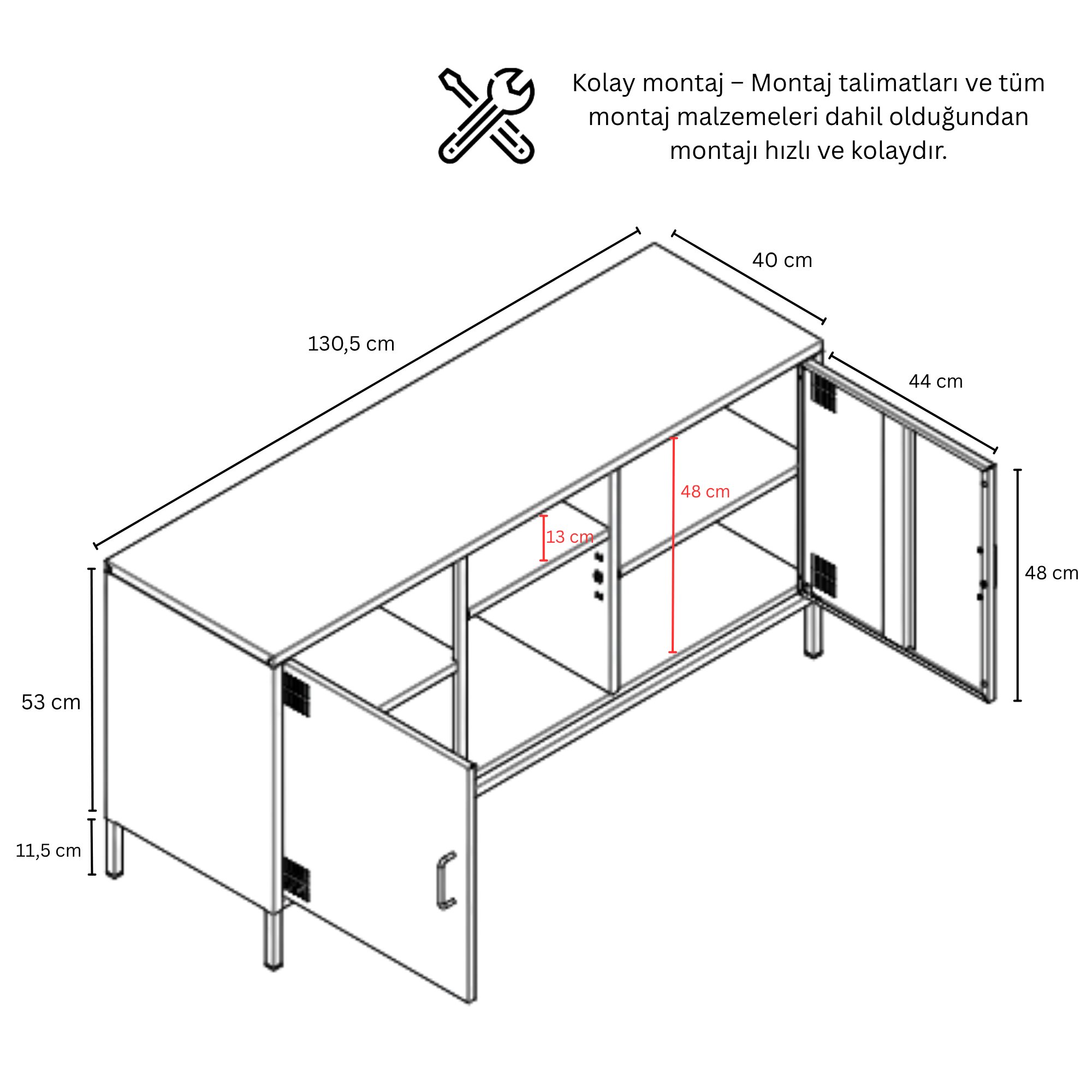 Pera Tv Ünitesi, Tv Dolabı,2 Kapaklı, Açık Raflı 130,50 x 40 x 64,50 cm - Ral 3022 Somon