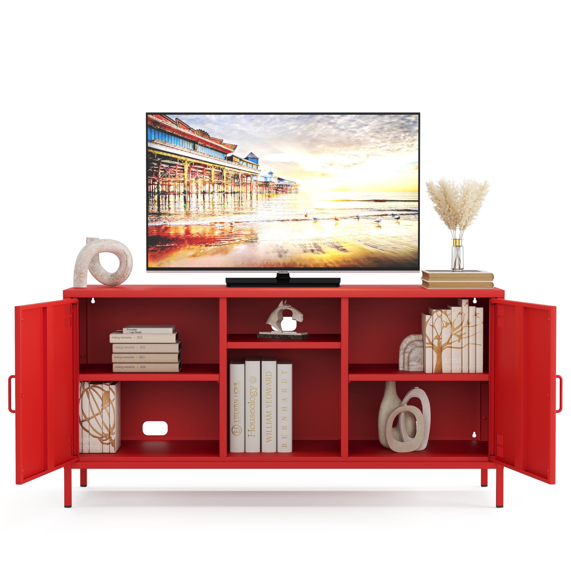 Pera Tv Ünitesi, Tv Dolabı,2 Kapaklı, Açık Raflı 130,50 x 40 x 64,50 cm - Ral 3020 Kırmızı