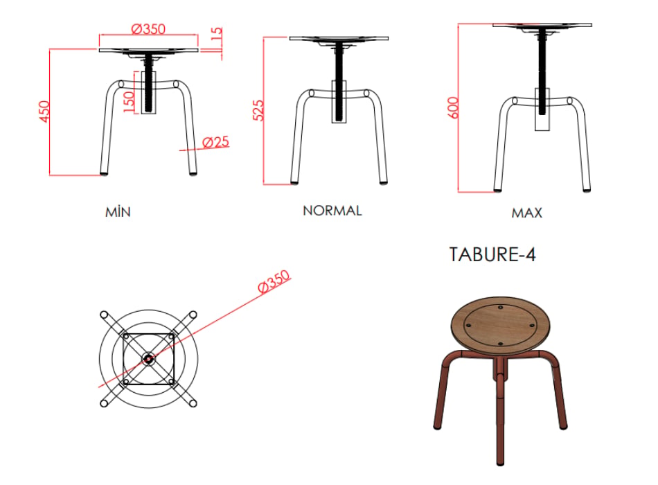 Tabure Küçük Yükseklik Ayarlı, Ayak Yeşil Ral 6011- Kayın Tabla