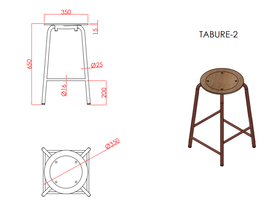 Tabure Orta Ayak Antrasit Ral 7016 - Kayın Tabla