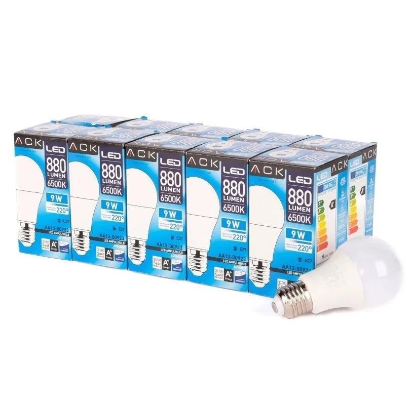 ACK AA13-00923 9W E27 6500K Beyaz A60 Led Ampul 10 Lu Paket