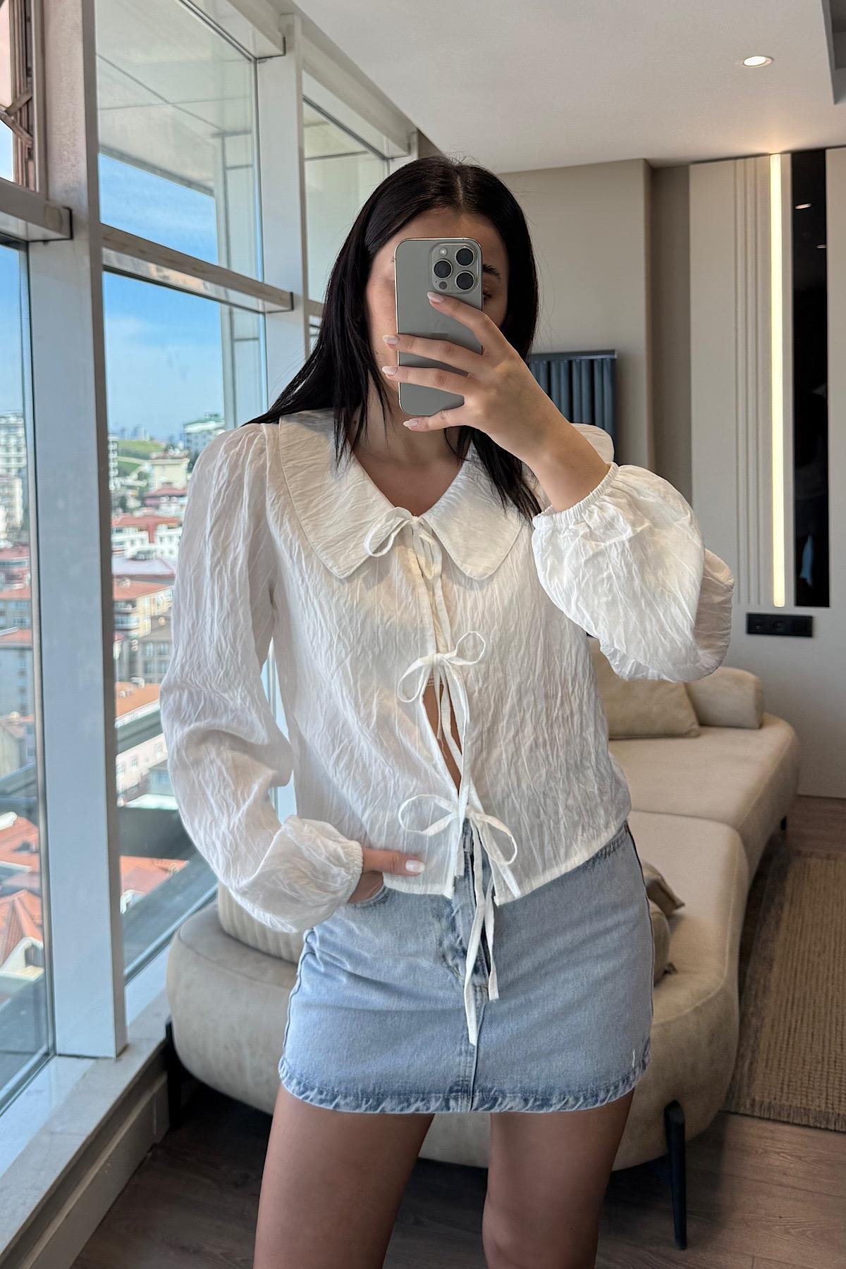 BEBE YAKA BAĞLAMALI GÖMLEK-beyaz