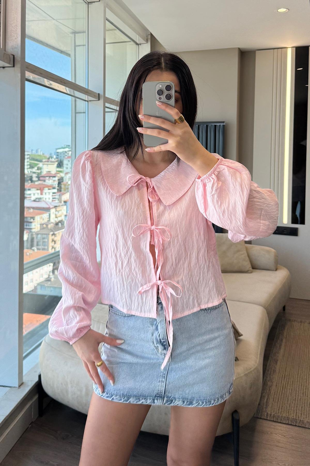 BEBE YAKA BAĞLAMALI GÖMLEK-Pembe