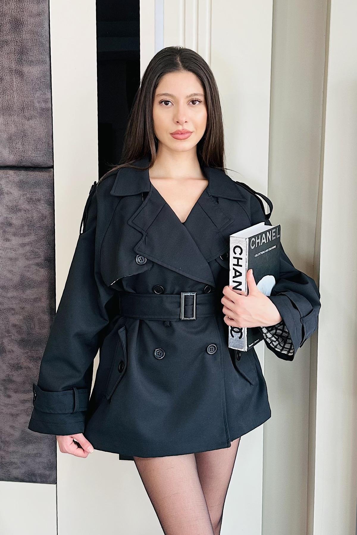 ELZEY EKOSE ASTARLI TRENCH-Siyah