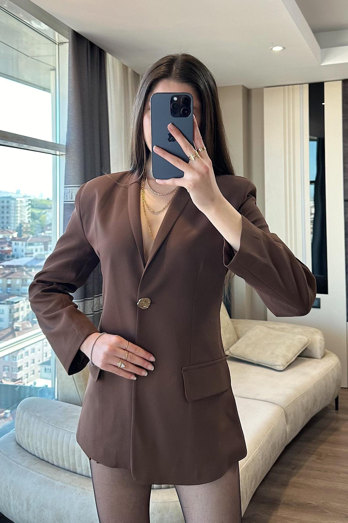 GOLD DÜĞMELİ BLAZER CEKET-Kahve 